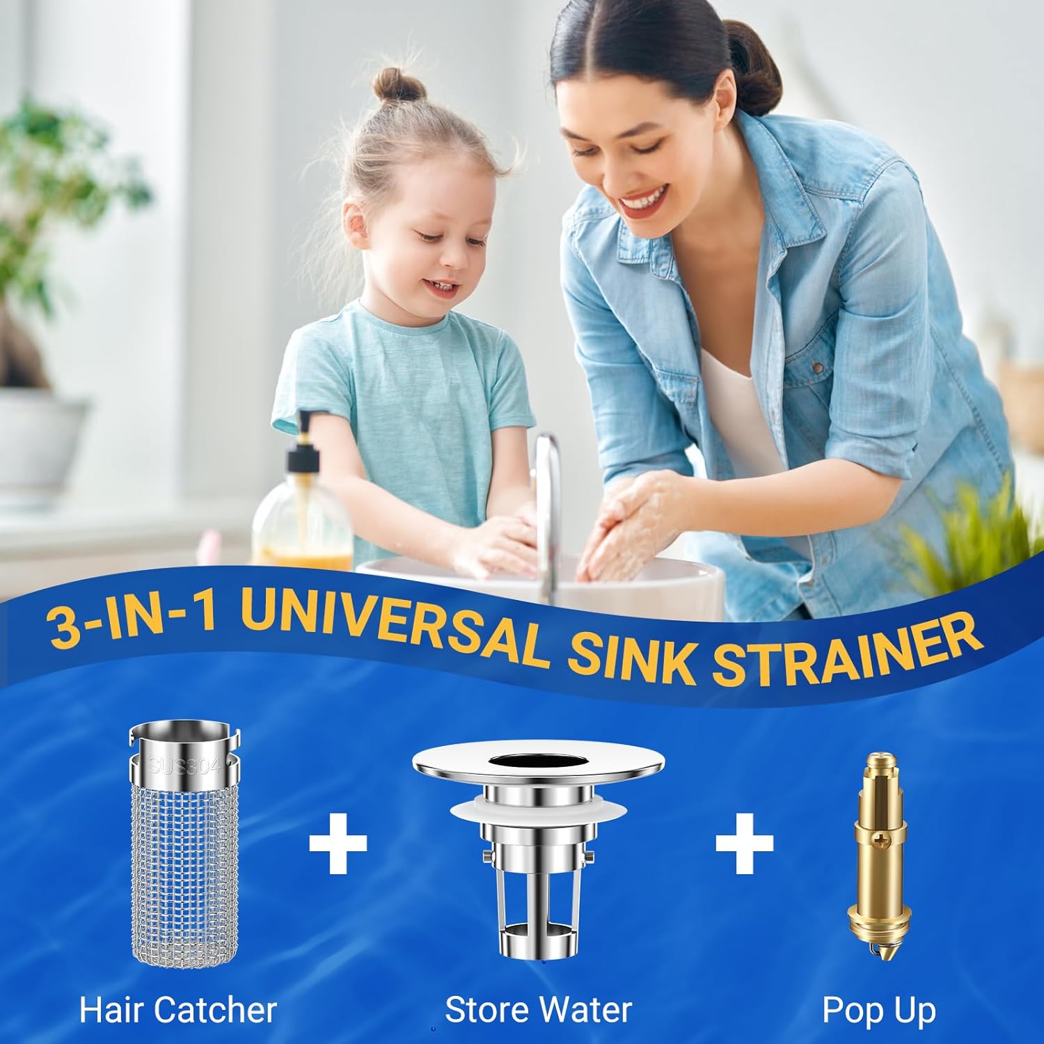 2PCS Bathroom Sink Stopper Strainer, Pop-Up Bathroom Sink Drain Strainer with Removable Stainless Steel Hair Catcher Basket, Universal Fit for US Bathroom Sinks, Bathtubs, Showers & Floor Drains - Image 8