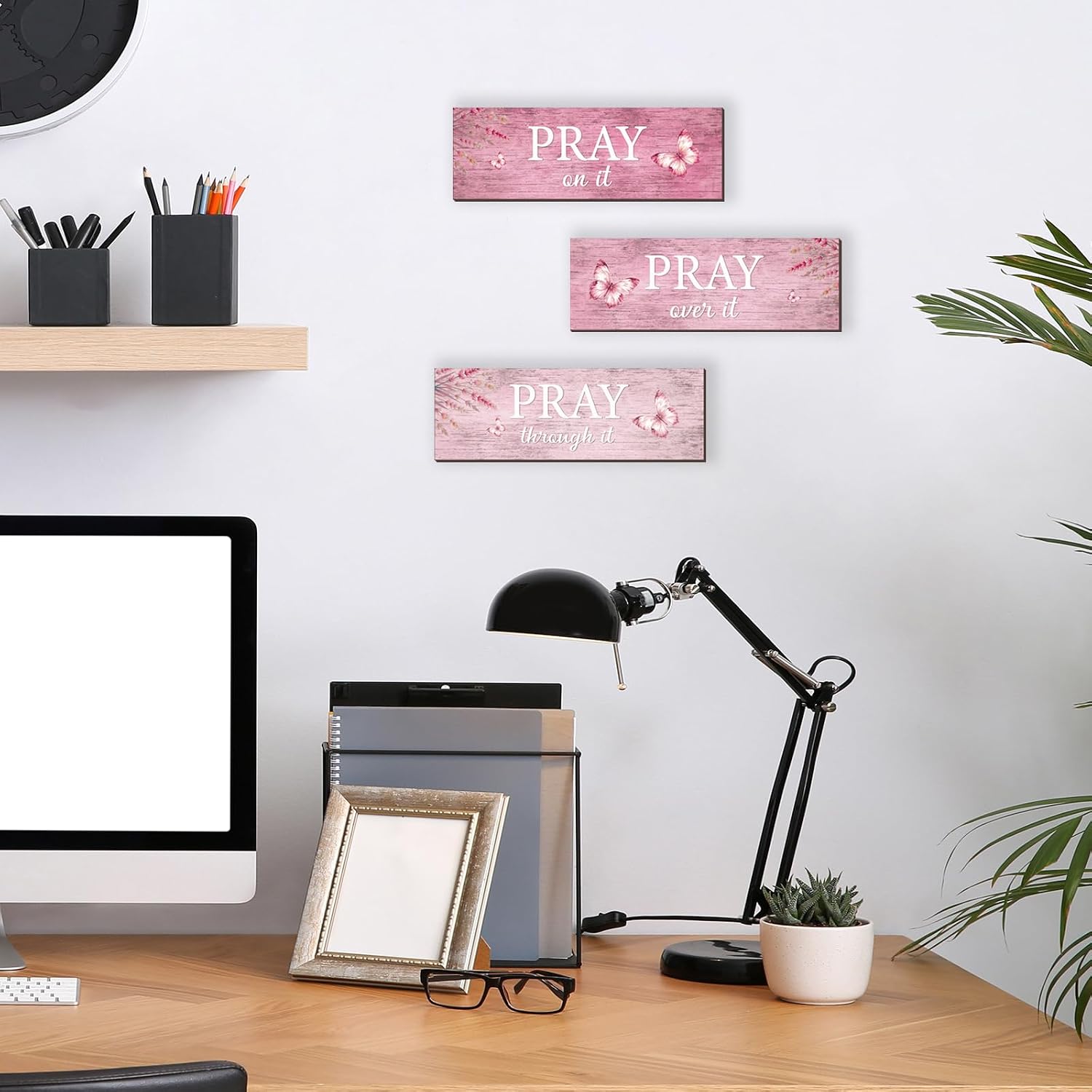 Pink Inspirational Office Decor Pray Over It Bible Verse Wall Art Christian Gifts for Women Office Desk Accessories Sign Bedroom Bathroom Room Decoration for Women, Pink 12x 4 Inches image 5