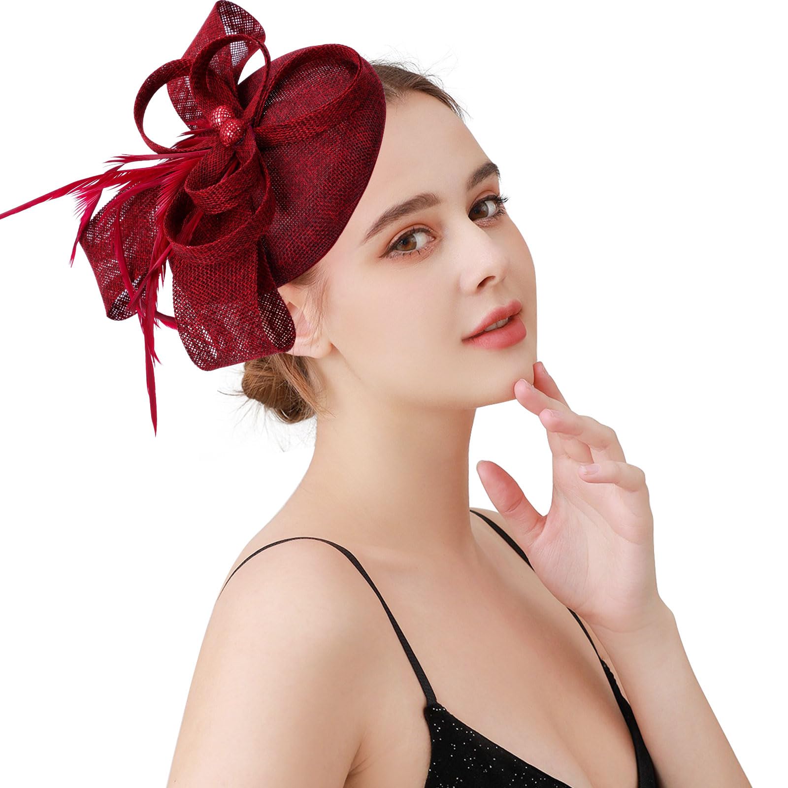 Risipu Women's Red Fascinators Feathers Tea Party Hat,Veil Headband With Hair Clip For Cocktail Wedding Church (Uk, Alpha, One Size, )