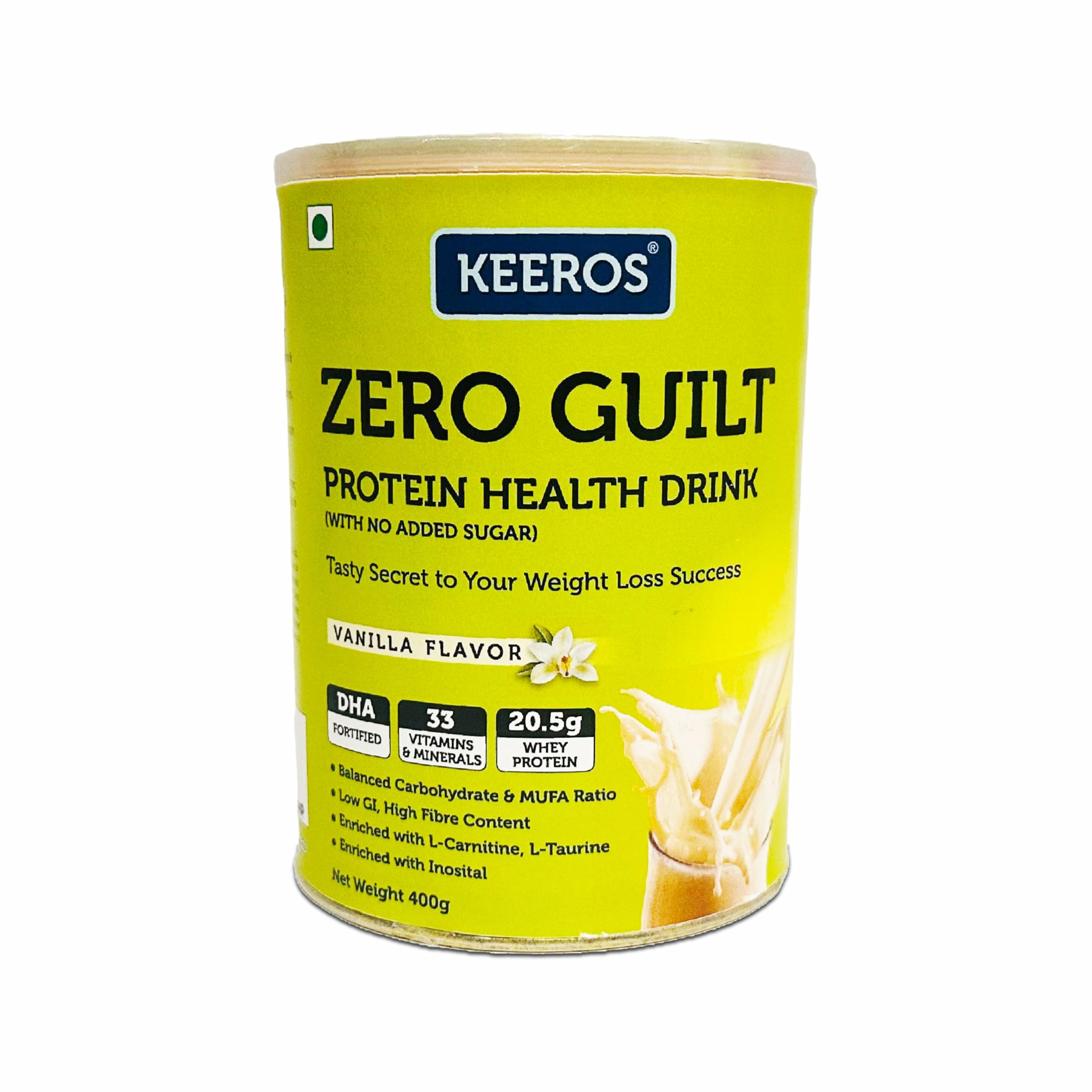 Keeros Zero Guilt Protein Nutrition Drink 400g - Vanilla Flavor | Weight Loss Support with 20.5g Whey Protein, DHA, L-Carnitine, L-Taurine, Inositol | No Added Sugar, High Fiber & Low GI | (B0CW9QMPG7) Amazon Price History, Amazon Price Tracker