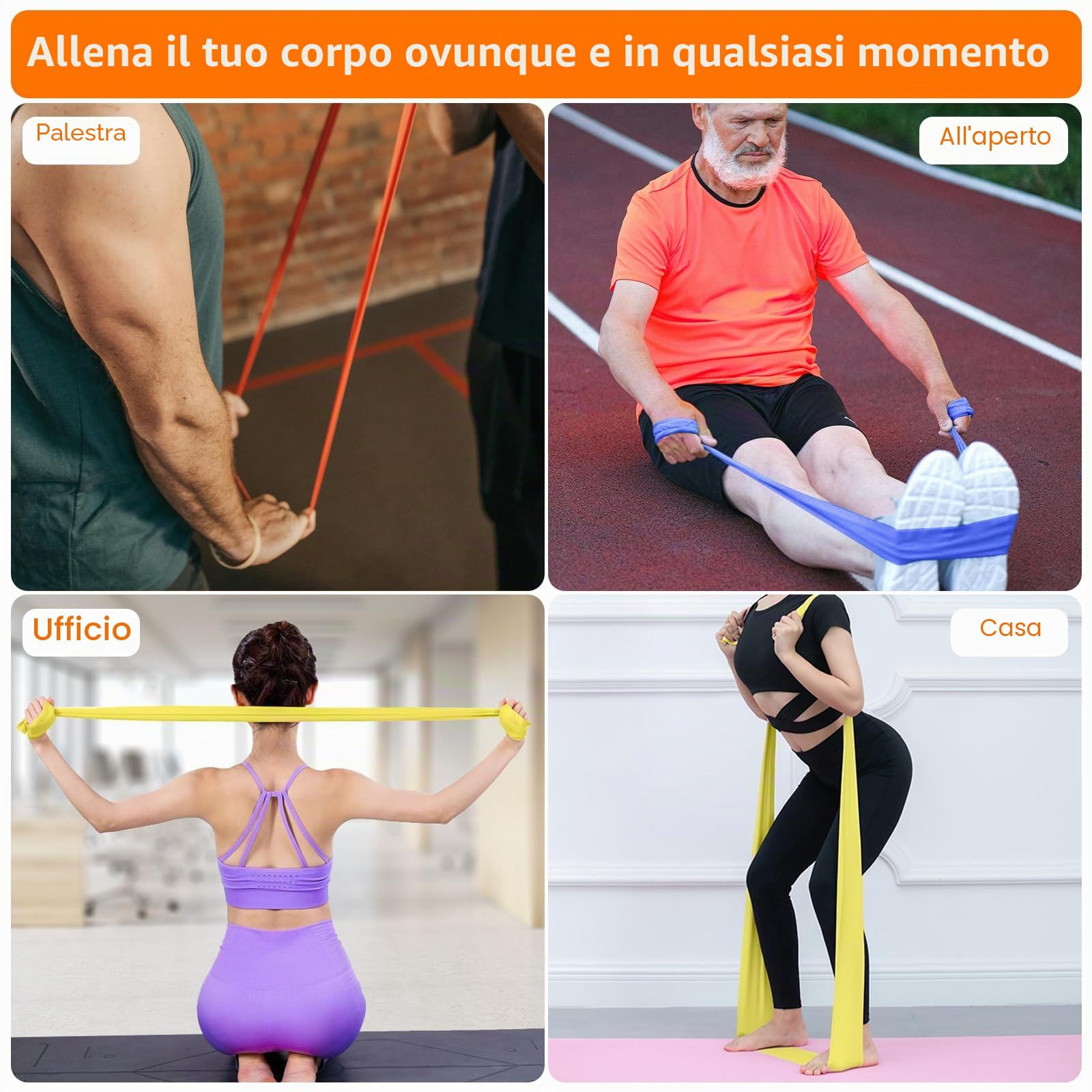 GRIFEMA GA5002 Fasce elastiche fitness [set da 4] 1,8 m, fasce elastiche con 4 livelli di resistenza per allenamento della forza, yoga, pilates