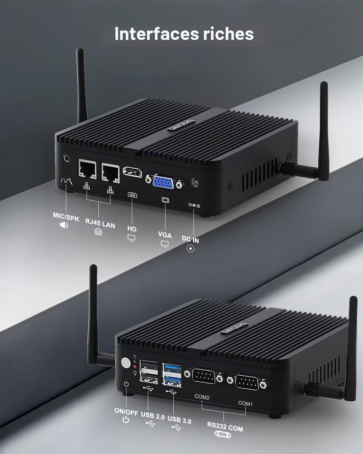 BASOARO PC Industriel Mini PC sans Ventilateur J5005, 8GB RAM 128GB SSD, Gigabit Ethernet, Double écran HD VGA, 2 RS232 COM, WiFi Dual Band, BT, Mini Ordinateur Win 11 Pro