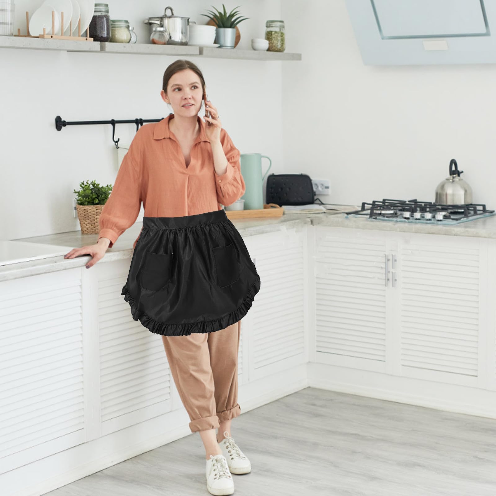 Tofficu 10 Unidades Delantal de Cintura Media Blanco con Volantes y Doble Bolsillo para Mujer, Diseño Elegante y Cómodo Adecuado para Cocina, Restaurante y Fiesta de Halloween