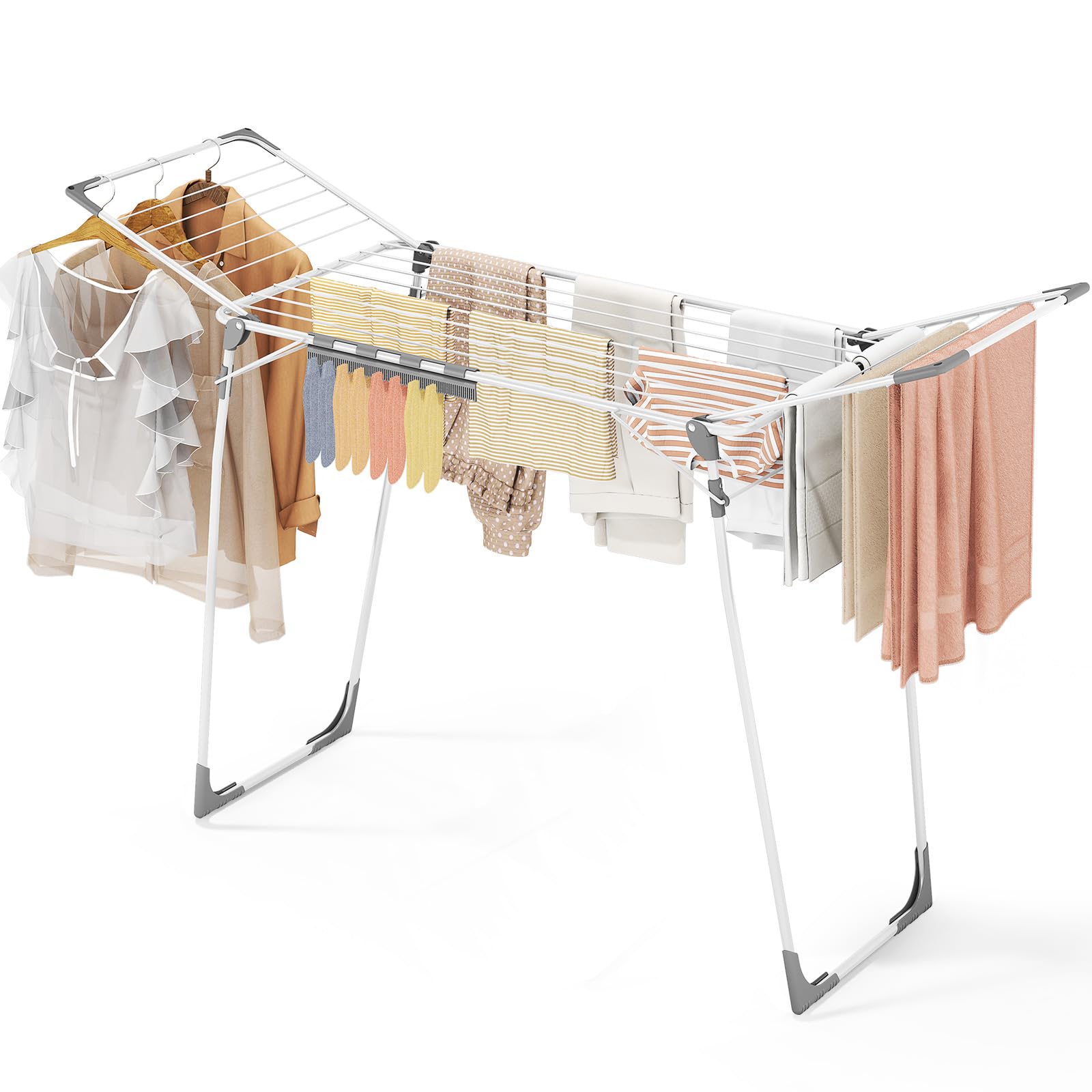 KINGBOARD Foldable Clothes Airer, 174 x 97 x 156 cm Clothes Drying Rack, Gullwing Laundry Rack, Collapsible Space-Saving Drying Rack, Indoor and Outdoor Use, White