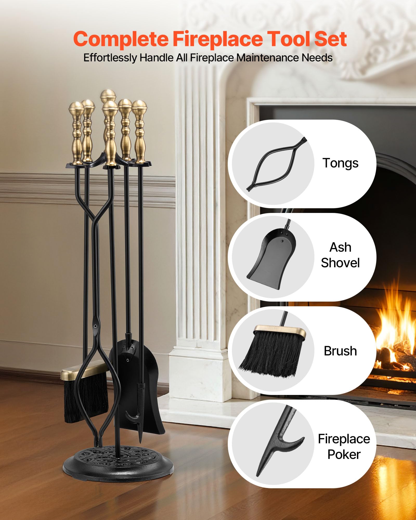 VEVOR Kaminbesteck-Set, 5-teiliges Ofenbesteck-Set, fünfzackiger Ständer, Zange, Ascheschaufel, Bürste, Schürhaken, Kaminzubehör aus Schmiedeeisen für drinnen und draußen, Schwarz und Messing