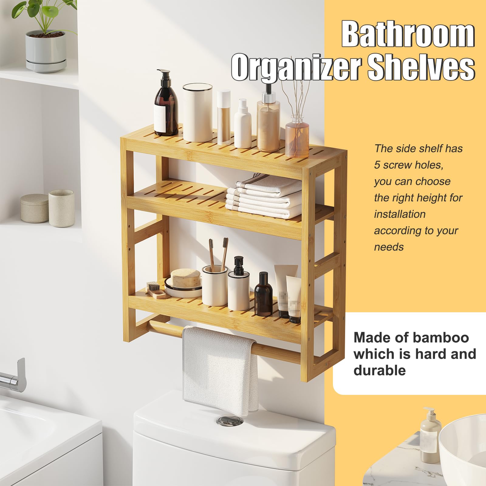 Furshus Bathroom Shelves with Hanging Bar Over Toilet Storage - Adjustable Wall Organizer (Natural)