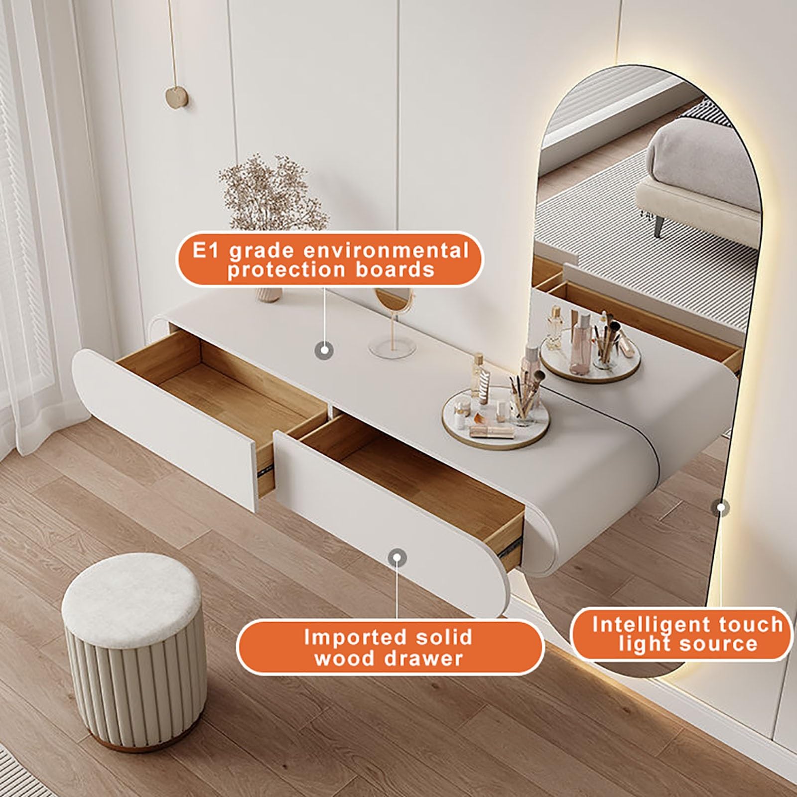 Tavolo da trucco illuminato a LED con specchio a corpo totale, tavolo da toeletta da parete per camera da letto e bagno, 2 cassetti, design elegante, 95 cm, per gli amanti del trucco