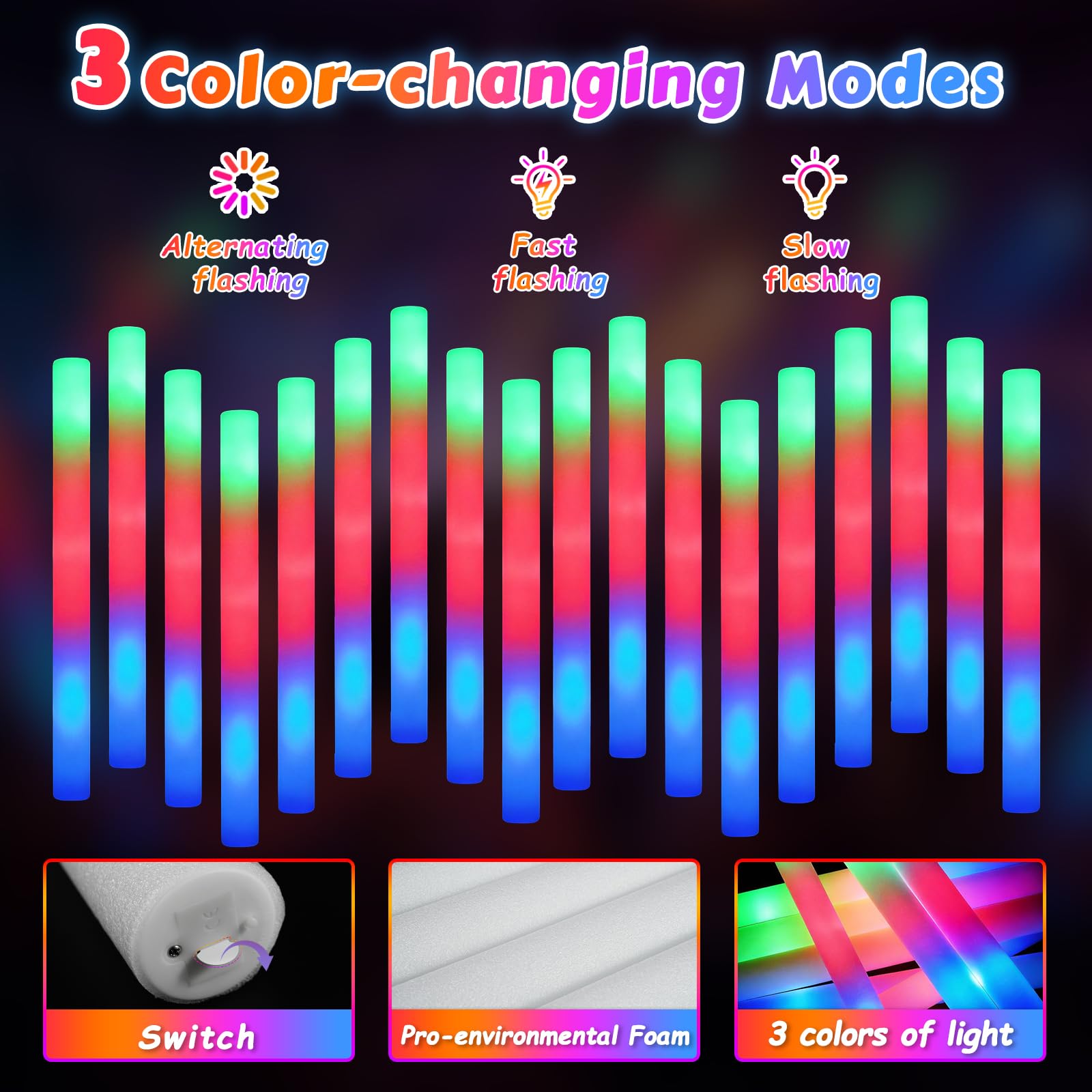 Wellent 72 Stück LED-Schaumstoffstäbchen, leuchtende Schaumstoffstäbe mit 3 Farbmodi, Leuchtstäbe, Party-Set, leuchten im Dunkeln, Partyzubehör für Hochzeit, Konzert, Neujahr, Geburtstag, Weihnachten