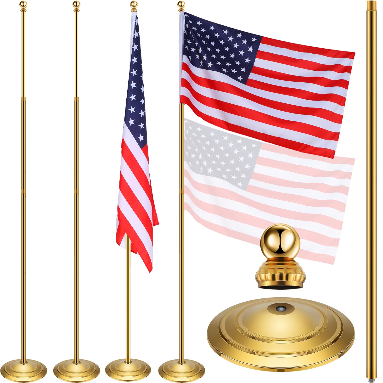 Threan 2 Sets Indoor Telescoping Flag Pole with Base Gold Ball Top Flag Pole Kit with Flag Stand Stainless Steel Telescoping Flagpole with Flag Pole Base for Office (Flag Not Included) (9.84 Ft)