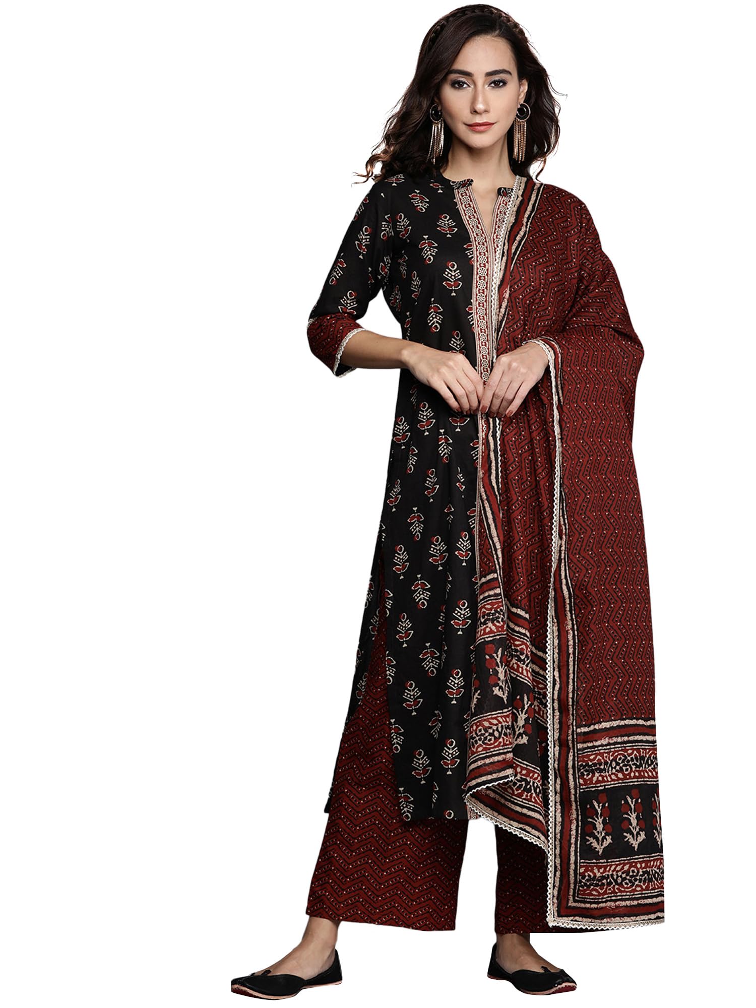 Women Printed Cotton Straight Kurta & Palazzo With Dupatta