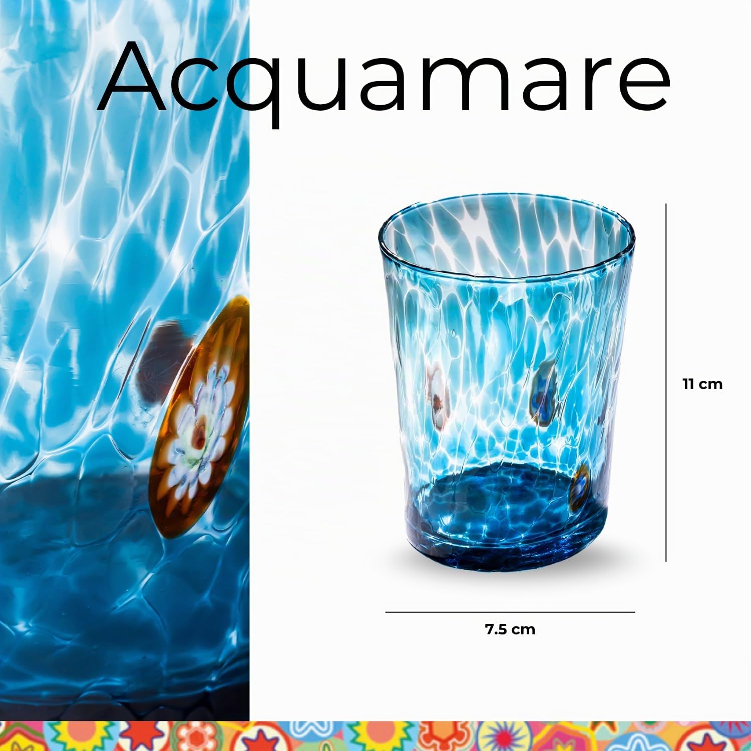 Gocce di Murano Lot de 6 verres à eau fabriqués selon la tradition des artisans de Murano, verre soufflé et travaillé à la main, 300 ml, verres à eau en verre arc-en-ciel pluie
