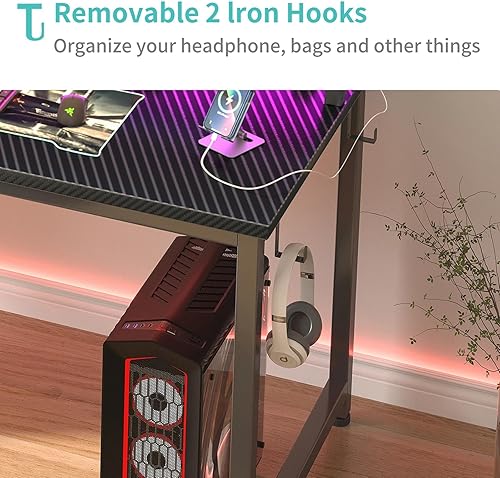 Miniatura 9 de Lufeiya Escritorio para juegos con tomas de corriente y luces LED, mesa de escritorio para jugadores de 40 pulgadas con estación de carga,