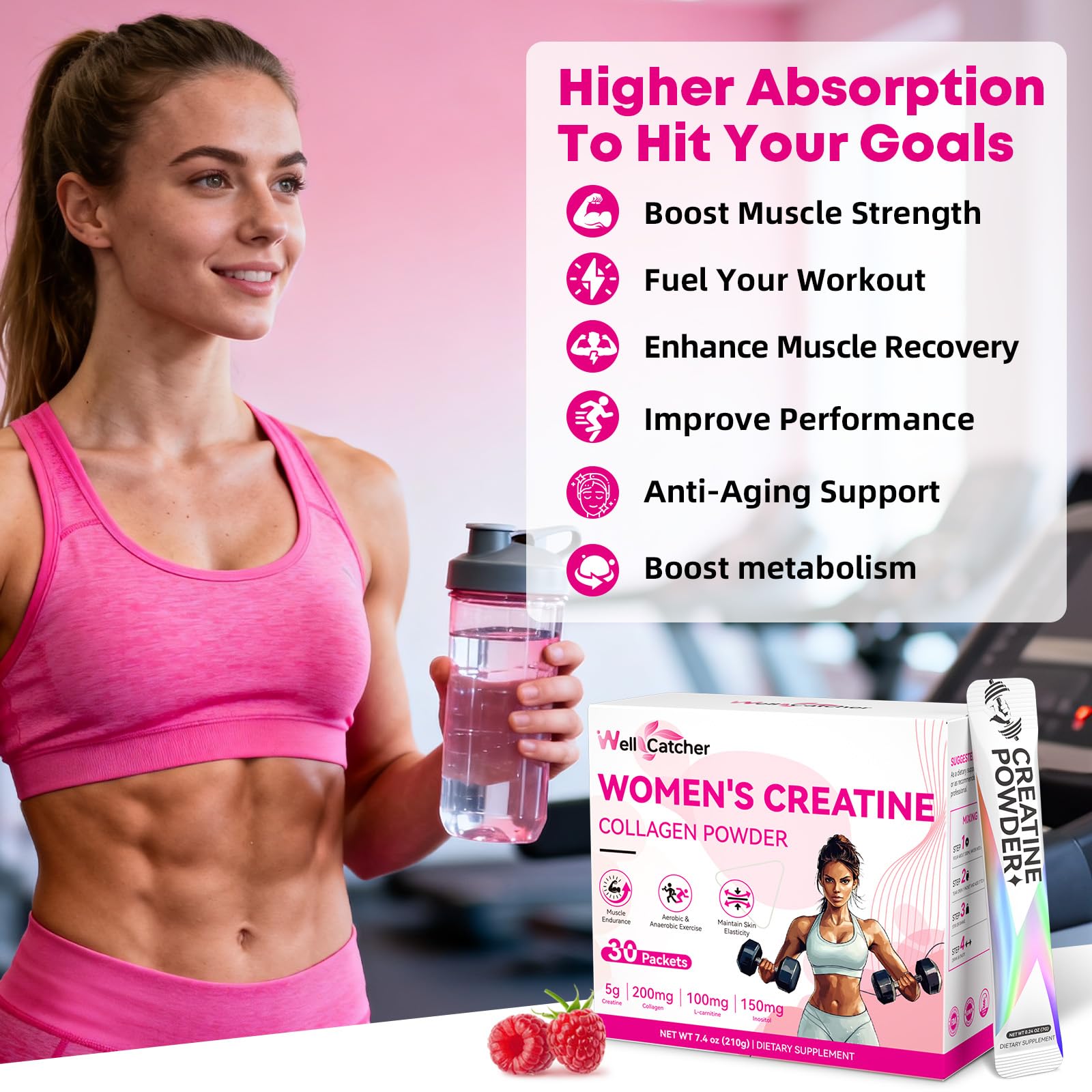 Women‘s Creatine Powder Travel Packets: Creatine Monohydrate Collagen Packs for Pre Workout Muscle Growth & Recovery Skin Elasticity Energy Metabolism with Inositol Beet Root Raspberry Flavor 30 Packs — Amazon image 3