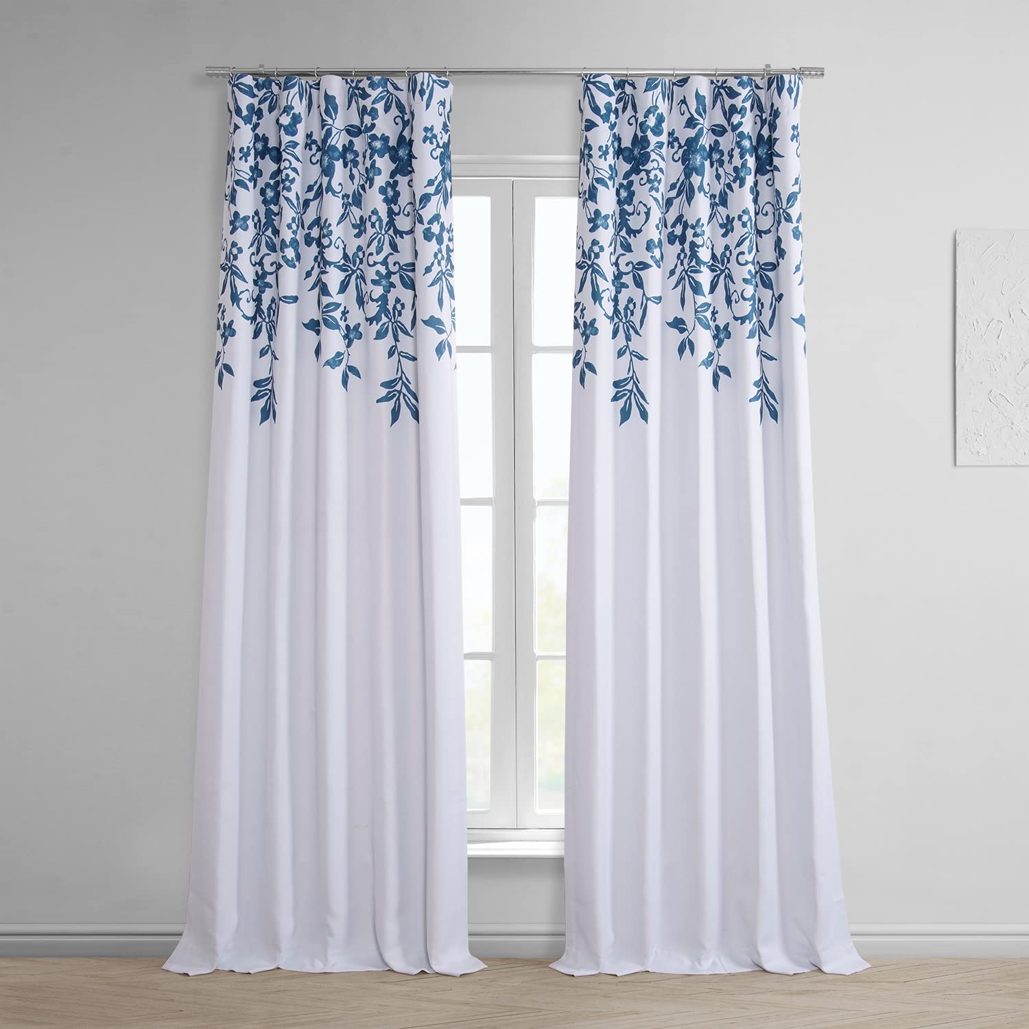 HPD Half Price Drapes Printed Linen Textured Blackout Curtain (1 Panel), Polyester Blend, Temple Garden Blue, 50 X 84