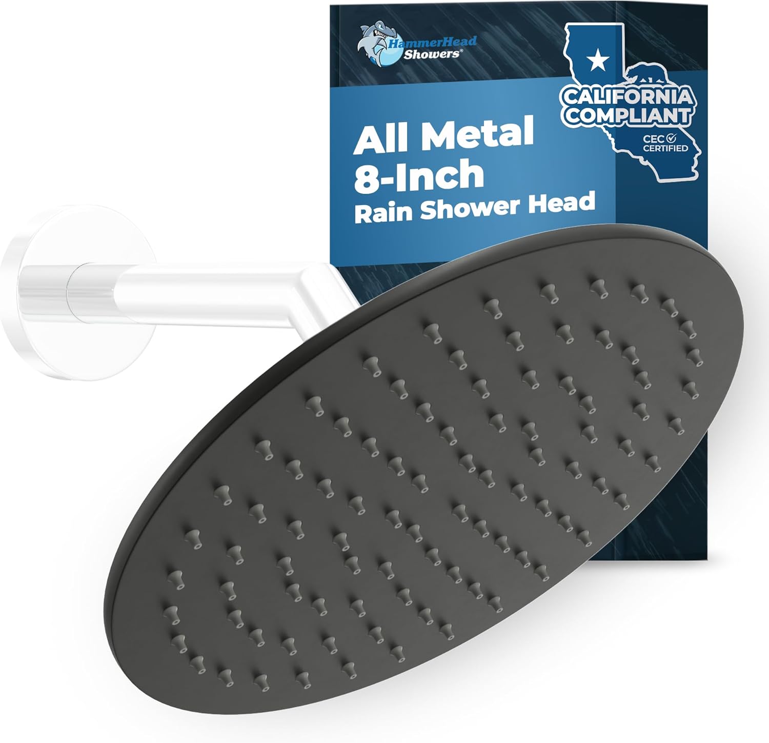 HammerHead Showers Solid Metal 8 Inch Rainfall Shower Head  MATTE BLACK - Shower Head Rainfall - 1.75 GPM High Flow Shower Head Optimized for Pressure  Large Round Rain Shower Heads
