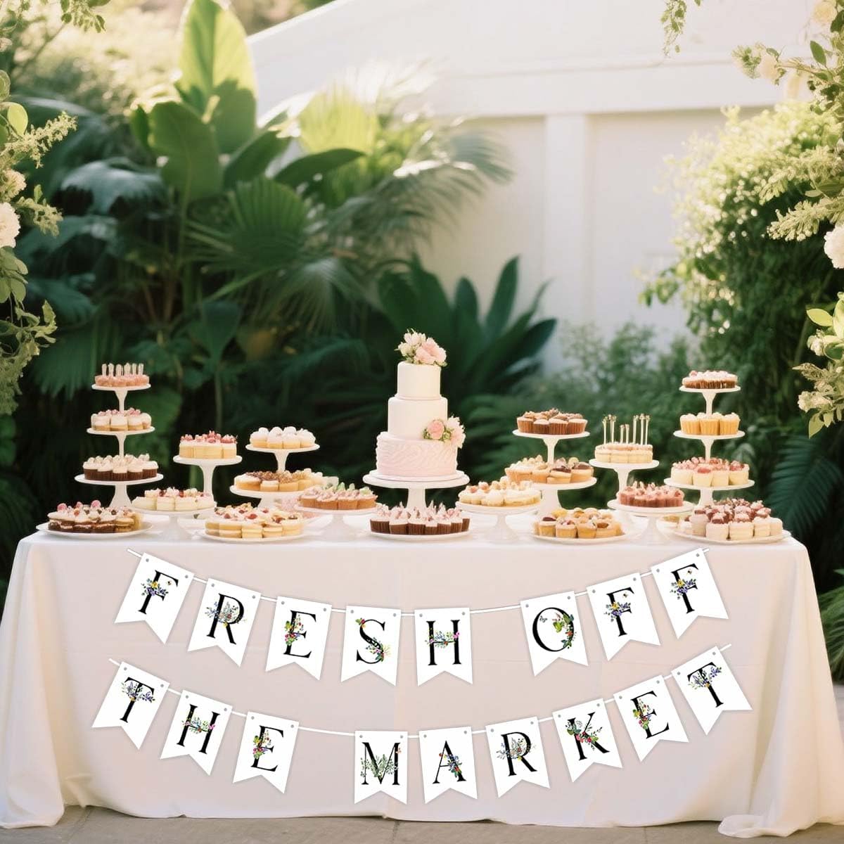 Floral Bridal Shower Banner, Fresh Off The Market Design, White Pennant Letters with Botanical Decorations, Farmer's Floral Bachelorette Party Supplies, Wedding Party Decoration (Fresh off the market) image 4