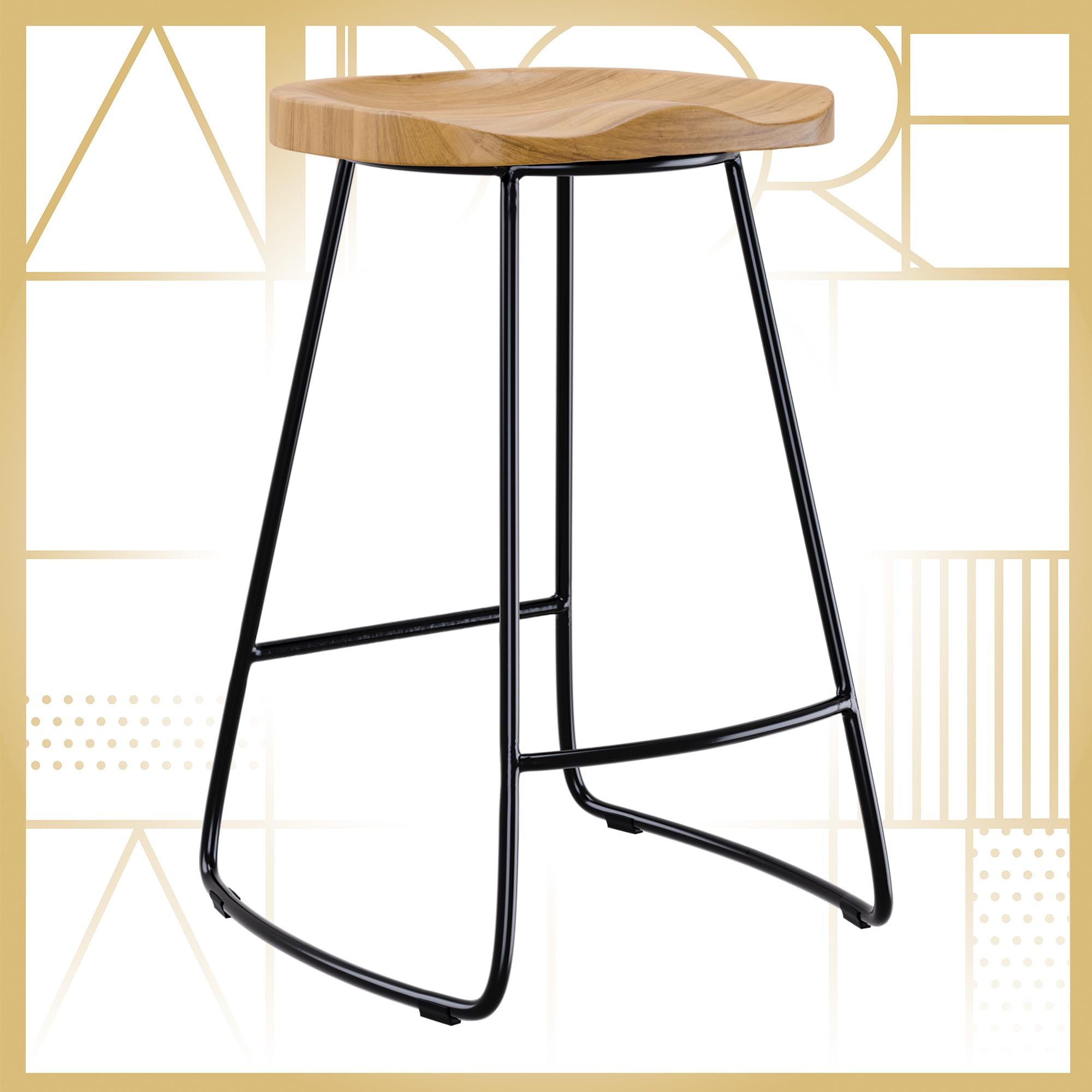Adore Decor Mason Counter Stool with Gently Curved Seat and Black Metal Legs, Fully Assembled, Light Beige
