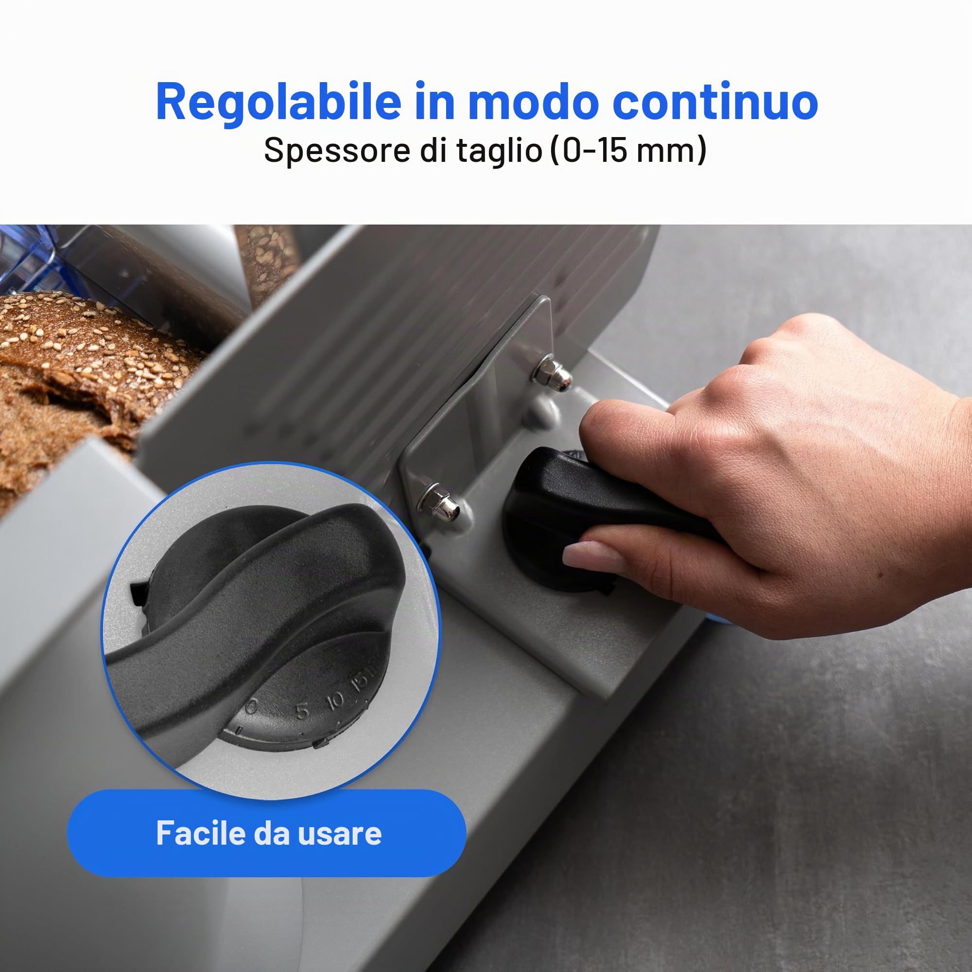 Affettatrice multiuso Clatronic Ø 190 mm lama in acciaio inox | affettatrice elettrica per pane | spessore di taglio regolabile (0-15 mm) | affettatrice | alloggiamento in metallo | 150W | MA 3585