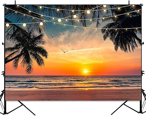 Miniatura 2 de Sensfun Telón de fondo de playa y puesta de sol Hawaii, palmeras tropicales de Luau, fondo para fotografía de verano, playa, vacaciones, boda,