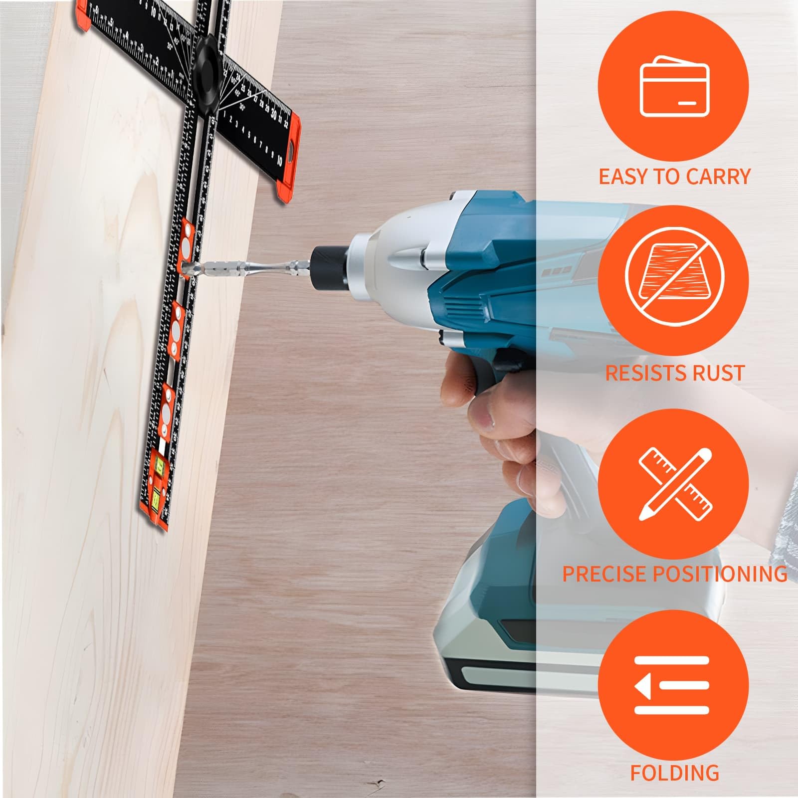 4-in-1 Drilling Positioning Ruler 40cm High Precision Angle Drawing Square Rulers Woodworking Ruler Cabinet Hardware Jig Cabinet Drawer Door Hole Drilling Template Marking Gauge Tools for Woodworking - Image 3