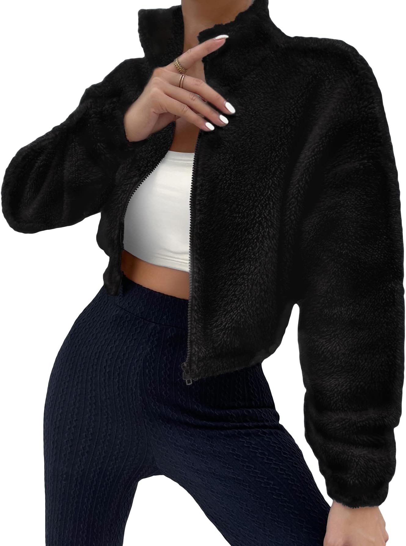 SOLY HUX Women's 2024 Casual Faux Fur Sherpa Jacket Zip Up Drop Shoulder Fuzzy Coat Cropped Winter Spring Outwear Jacket