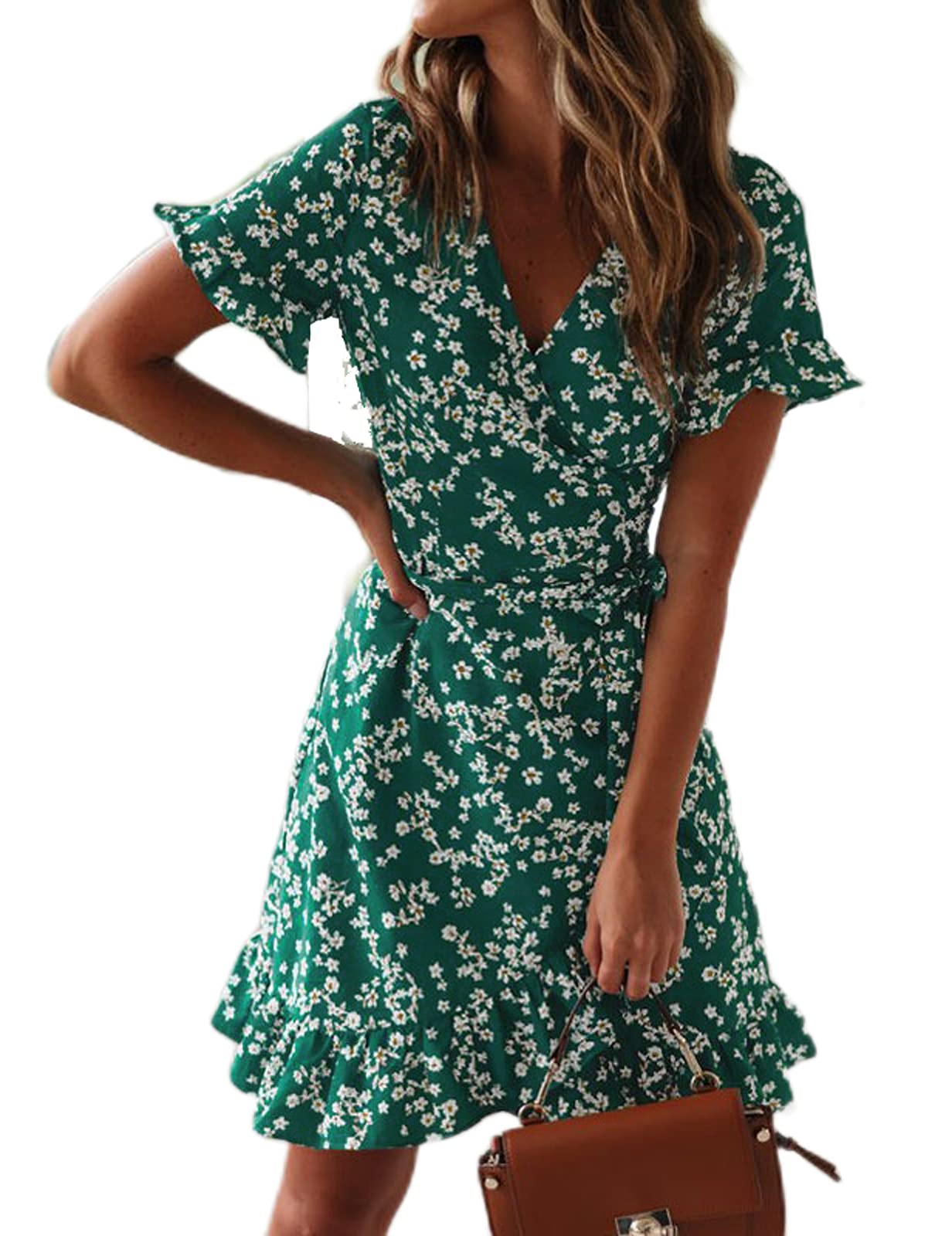 TOPLAZA Vestido de Playa Mujer Gasa Escote en Pico Estampado de Flores Mangas Cortas