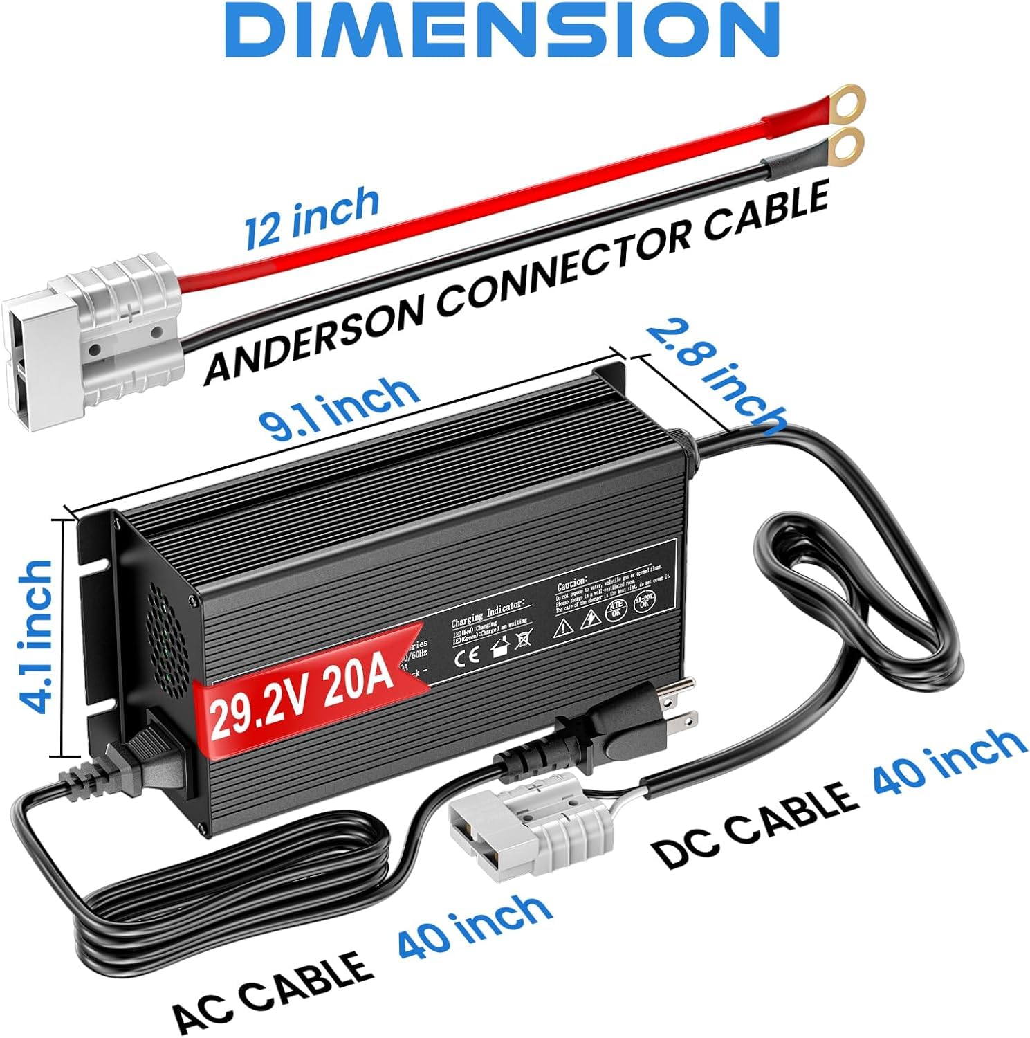 LiFePO4 Cargador de batería de litio de 29,2 V 20 A, cargador de batería AC-DC Smart Charger con indicador LED Anderson Connector, especialmente para baterías de ciclo profundo de 24 V/25,6 V de coche