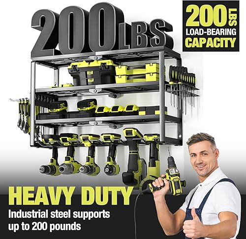 Miniatura 4 de Organizador de herramientas eléctricas de 4 capas para montaje en pared, soporte para herramientas de batería con estante de estación de carga,