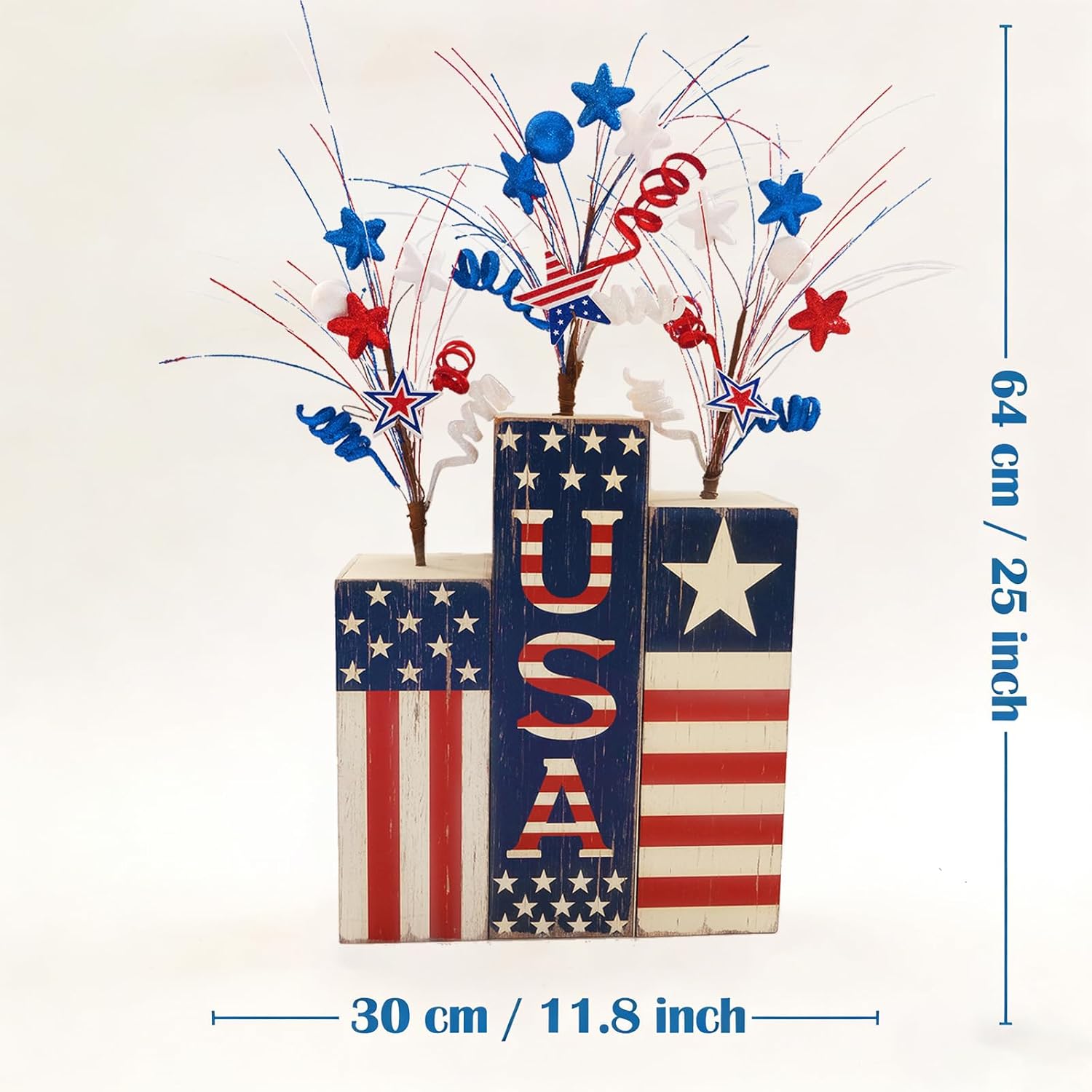 Patriotic Wooden USA Tabletop Decor - 25x11.8 Inch Red White Blue Tiered Sign with Star & Firework Sprays for 4th of July, Independence Day, Memorial Day, Labor Day Home Decoration