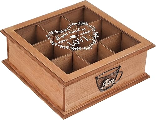 Caja de té de madera organizador de bolsas de té 9 compartimentos caja de almacenamiento de té de madera con tapa transparente contenedor de té