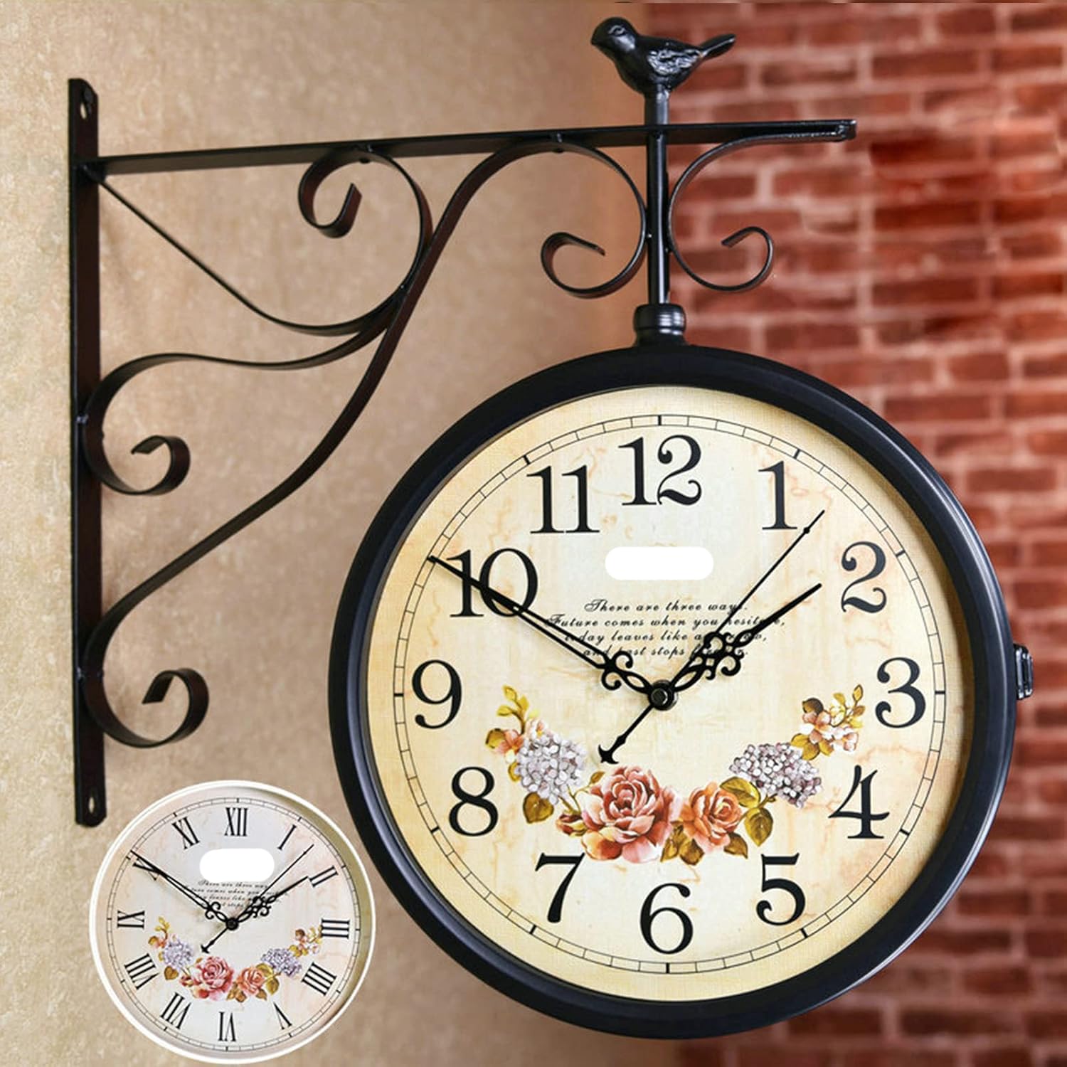 MYUYEE Wall Clocks Vintage Station Clock Retro Double Sided Outdoor with Bracket Garden - Decorative