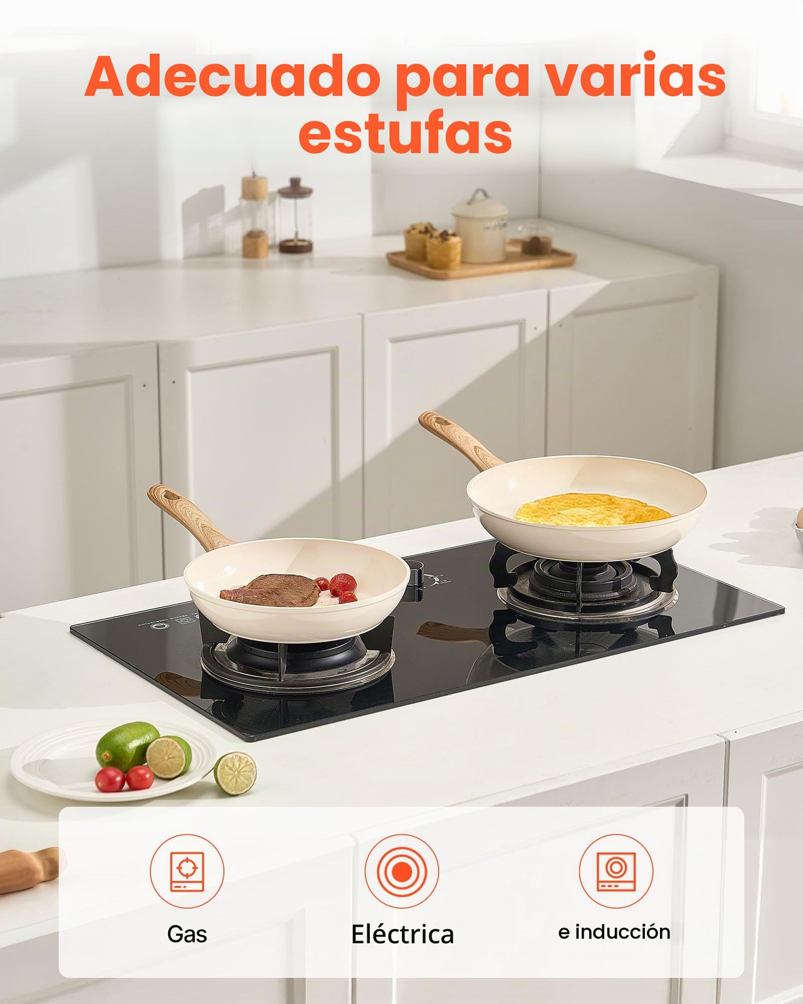 VEVOR Sartén de Aluminio para Huevos, 3 uds 200, 240 y 280 mm, Antiadherente, de Cerámica Resistente con Mango Resistente al Calor, Ideal para Cocina de Chef, Gas, Eléctrica e Inducción, Beige