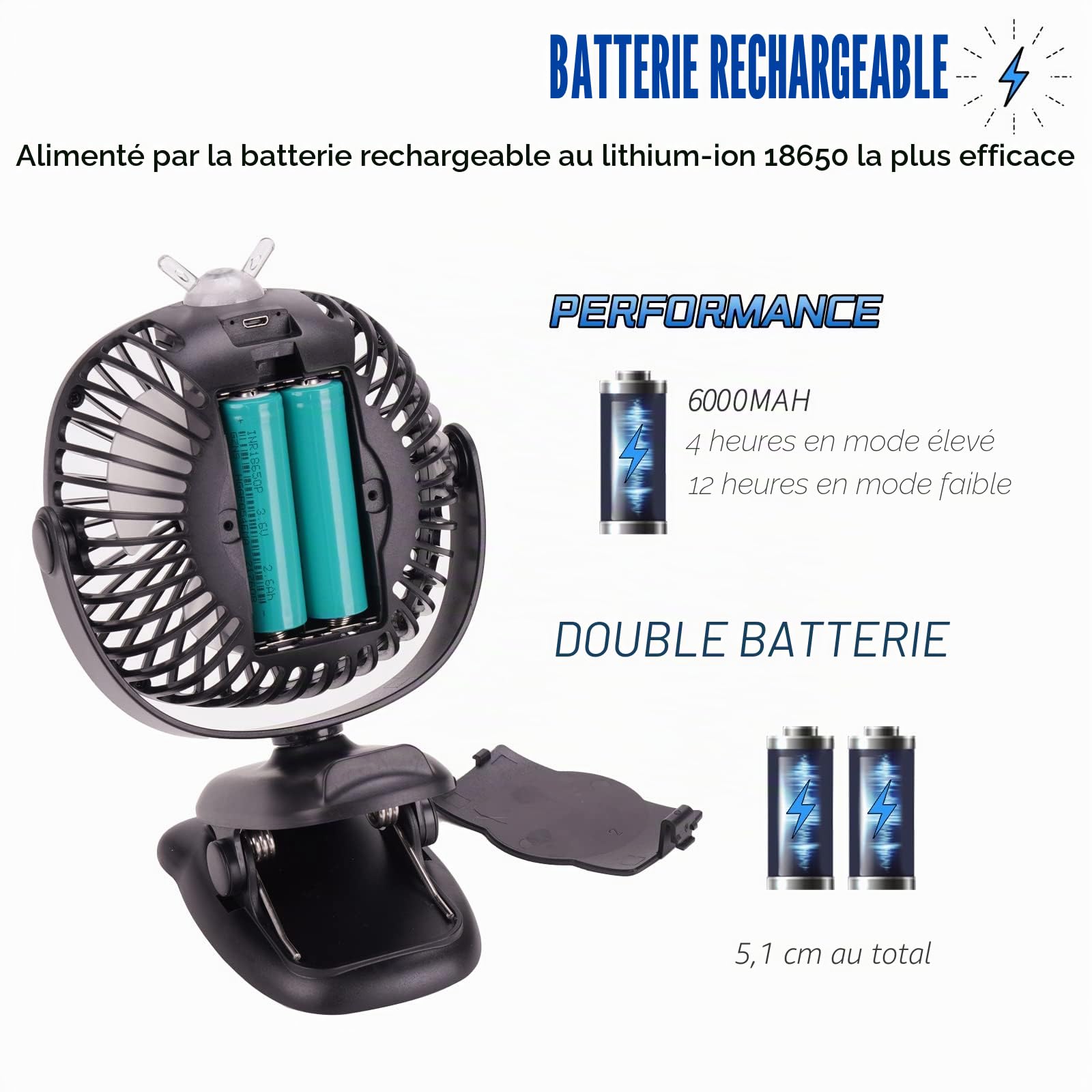 Venforze Ventilateur de poussette à clipser 8000 mAh USB Mini ventilateur de bureau personnel avec batterie rechargeable 4 vitesses Rotation à 360° Pour poussette, landau, poussette, bureau (Noir)