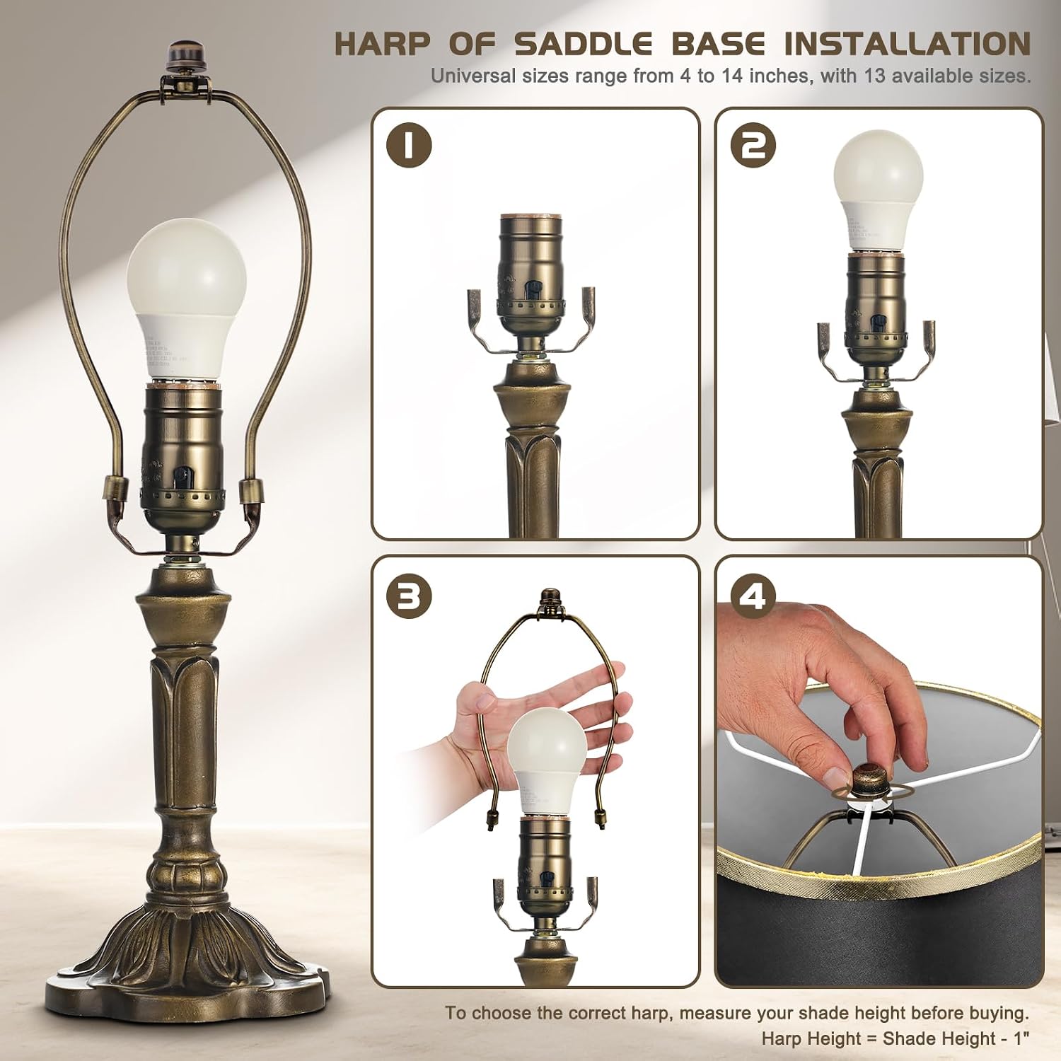 Lamp Shade Harp, Antique Brass Lamp Harp Frame Lampshade Bracket, Detachable Shade Holder for Floor or Table Light (Bronze, 9-Inch)
