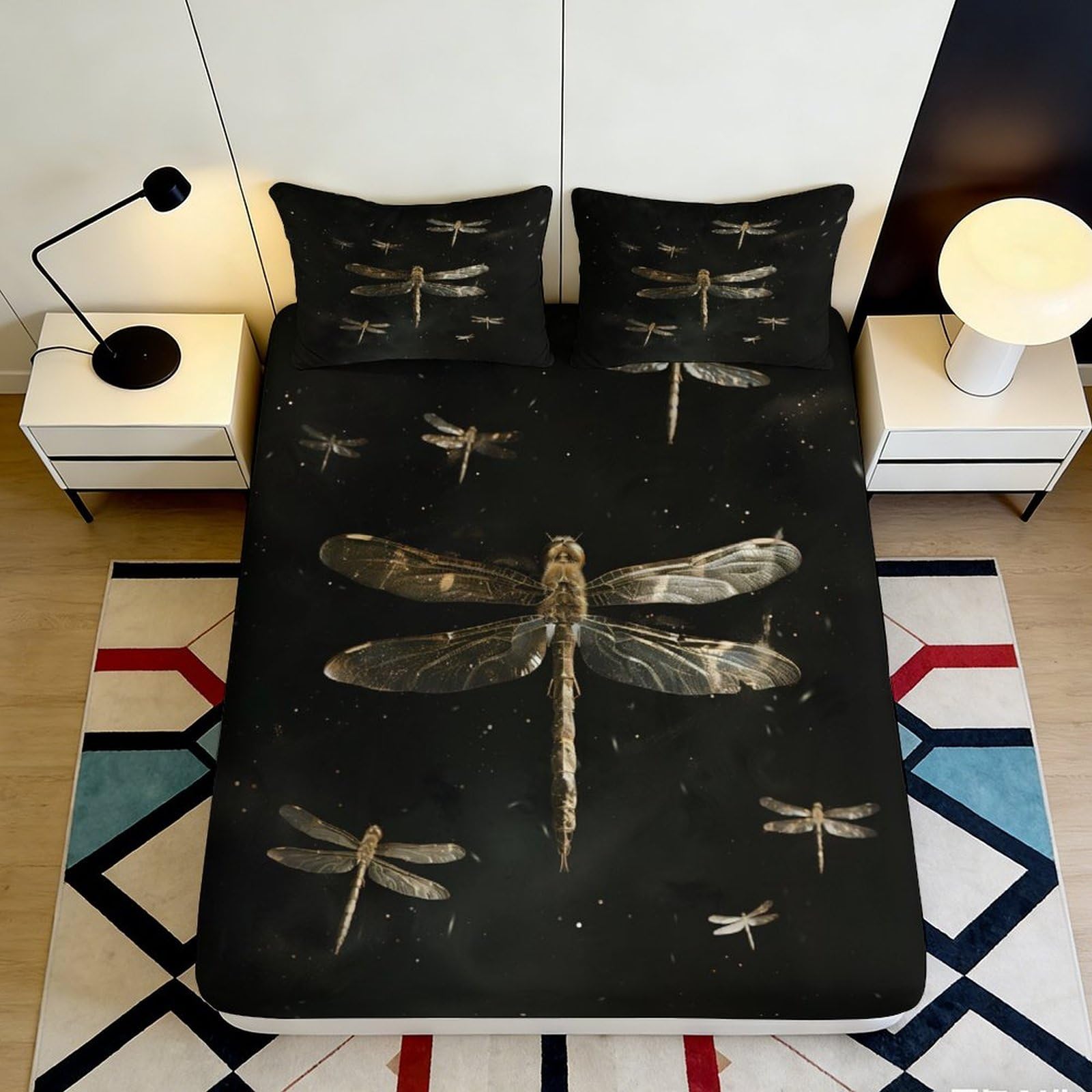 Pnayamiorkfel Style-7 3D Printed Dragonfly Night Fitted Sheet Microfiber Soft Black Bed Cover For Bedroom Dorm Decorative Mattress Protection 90X200x25cm