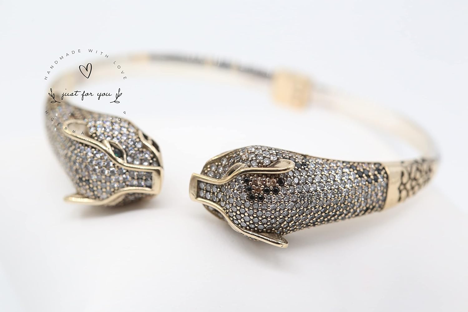 Jaguar Panther Leopard Cubic Zircon Bracelet, Sterling Silver Bracelet, Gift for Her, Leopard Bracelet, Cheetah Bracelet, Cat Bracelet,Tiger, Inspired Cheetah Big Cat Animal Bracelet, Free Size