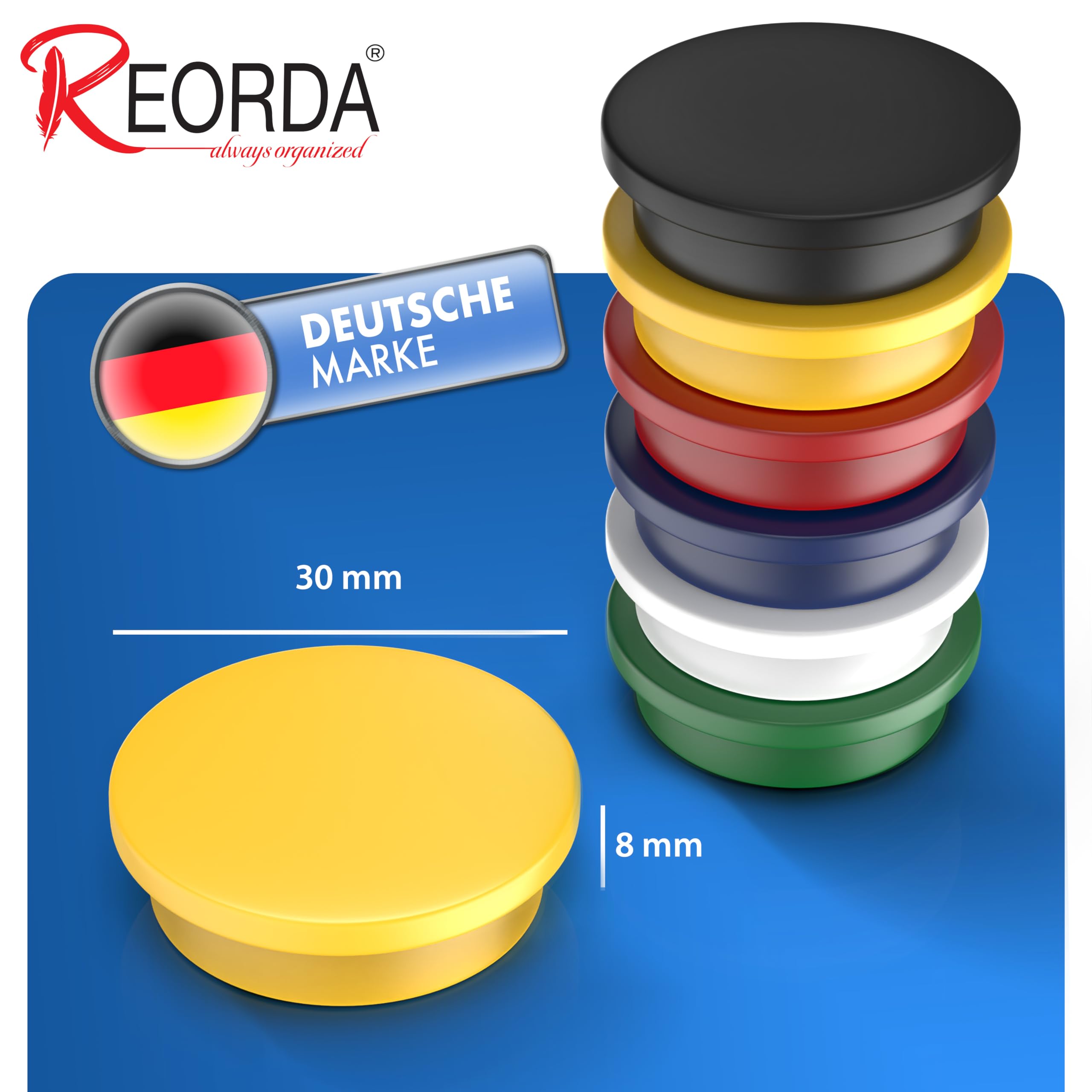 REORDA® Imanes para pizarra magnética fuerte – 30 imanes fuertes para pizarra blanca, tablón de anuncios, como imanes para nevera y pizarra, imanes redondos – multicolor