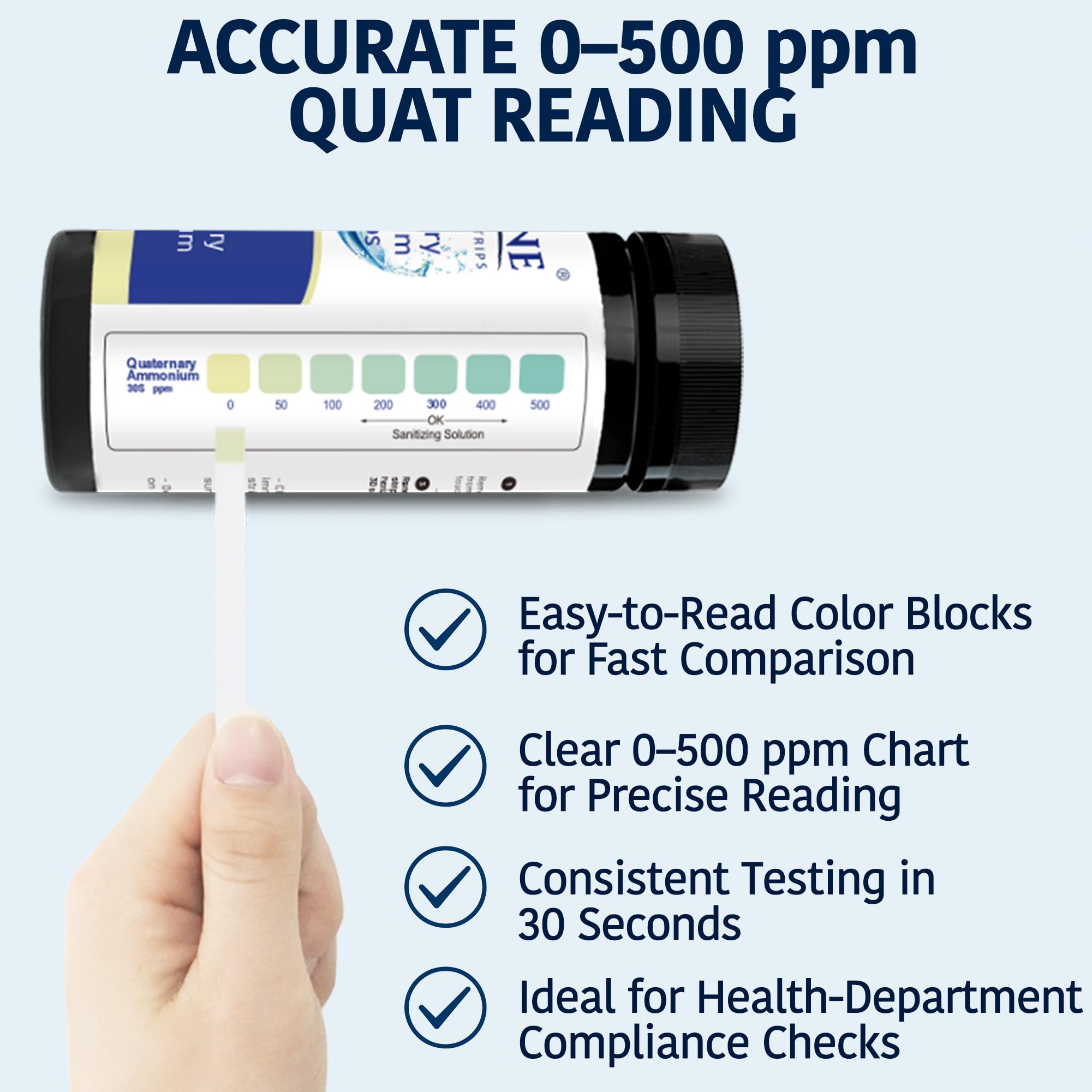 Quaternary Sanitizer Test Strips 0-500 ppm (200 Strips) with Wash