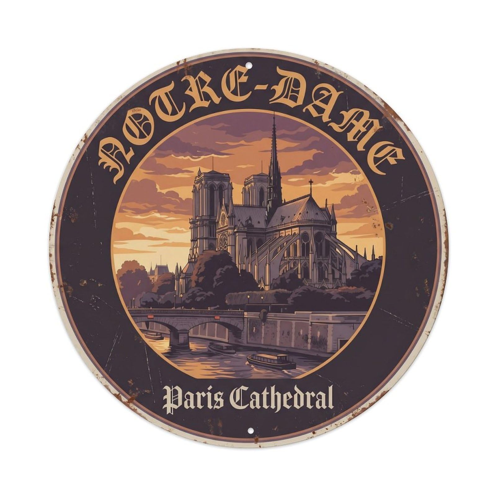 Vintage Travel Notre Dame Cathedral 1 Metal Tin Sign Plaque Wall Decor for Cafe, Club, Garden Round Metal Poster 8x8Inch