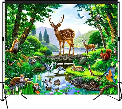 Woods Animals Deer by Lake Scenic Backdrop Large Banner Photography Studio Fabric Background Photobooth Prop 7x6feet #2210