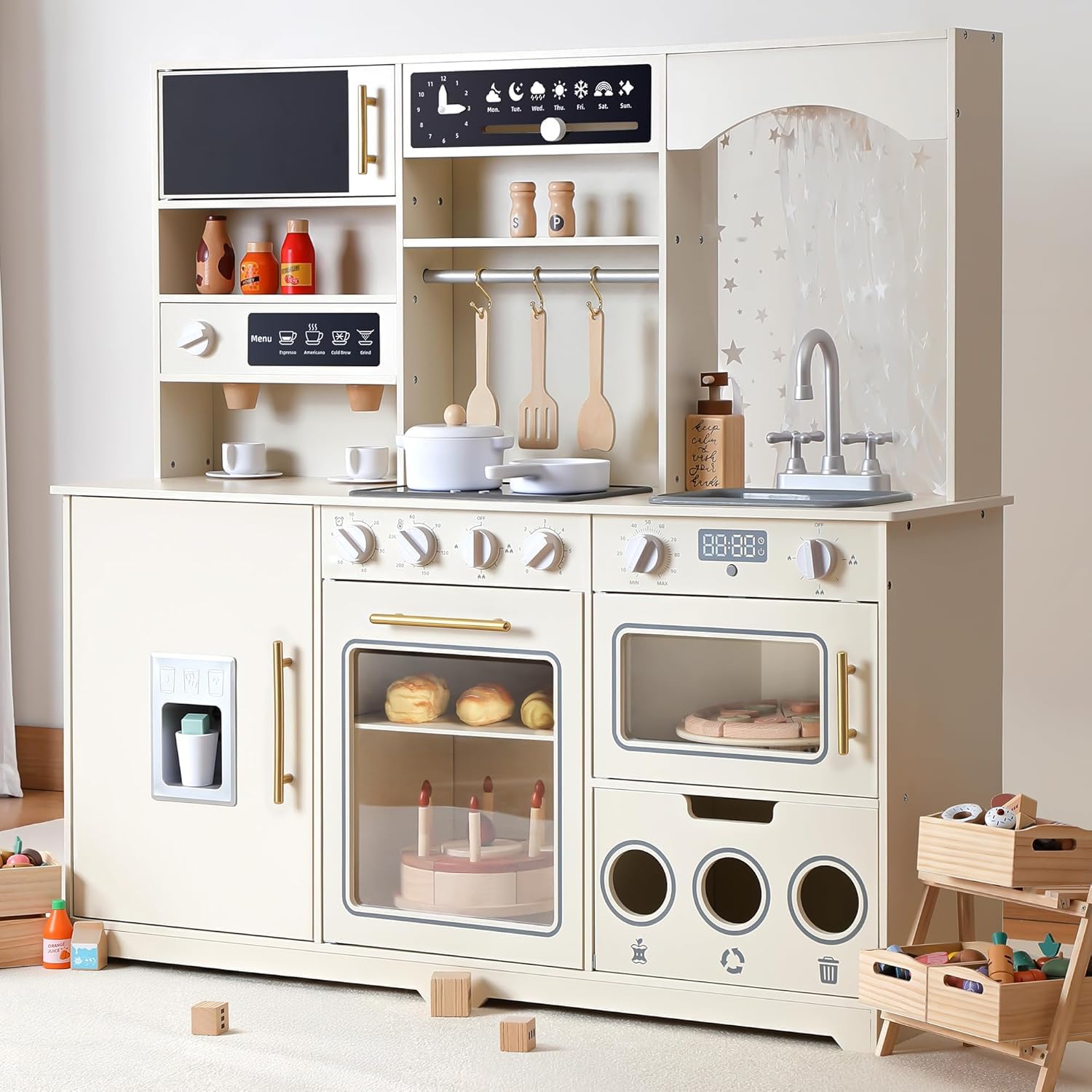 besrey Cucina Giocattolo per Bambini in Legno 105cm con Luci e Suoni, Beige | Con microonde, dispenser di ghiaccio e area per la raccolta differenziata; ampio spazio per giocare insieme dai 3 anni