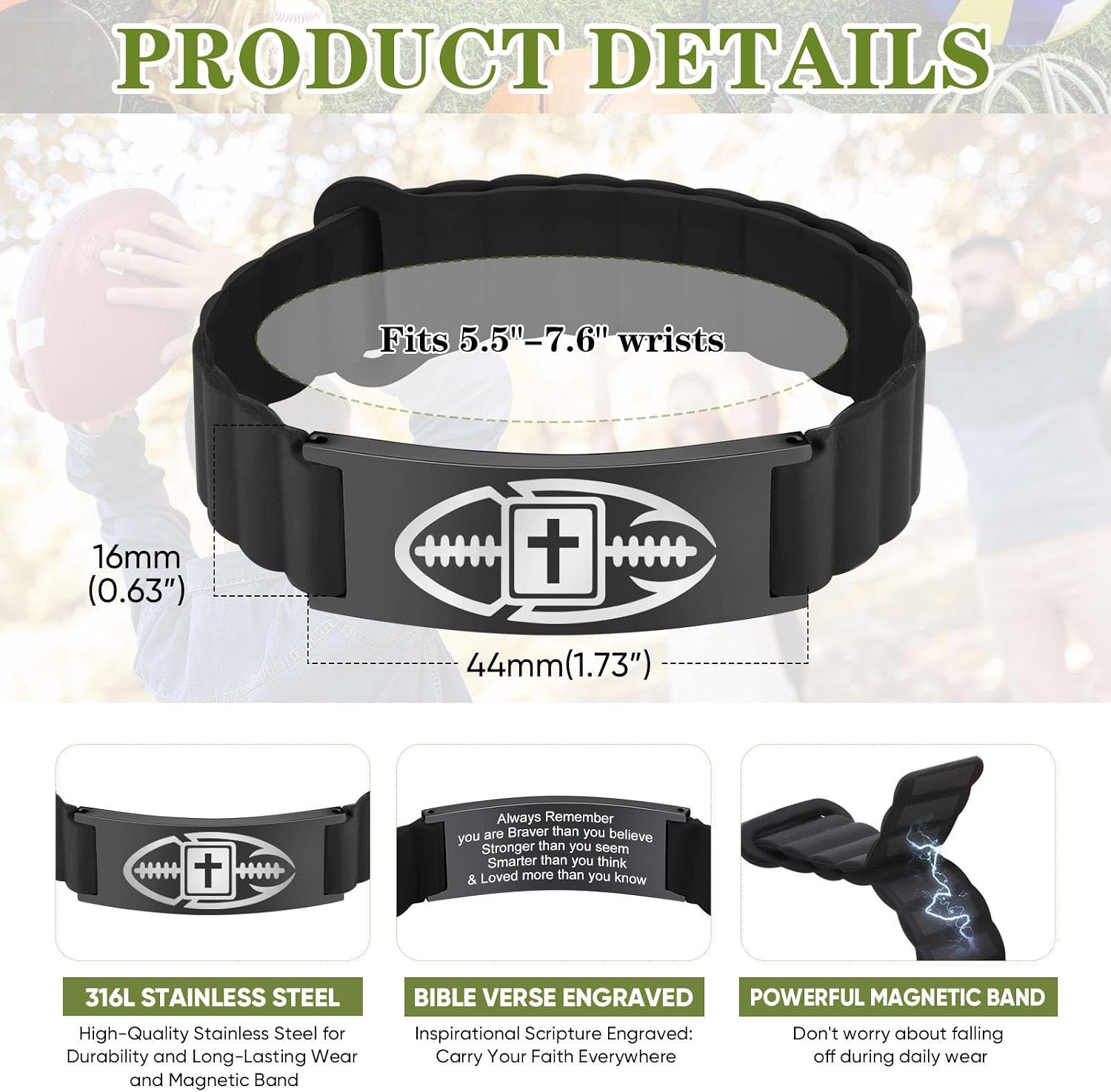 Baseball Gifts for Boys Son Coach Team Kids Player Silicone Baseball Bracelet Party Favors Religious Christian Adjustable Jewelry Gifts Inspirational Bible Verse Cross Bracelet for Man,Sports