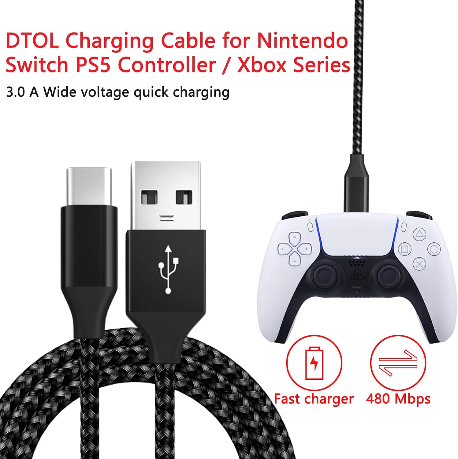 DTOL Charger Charging Cable for PS5 Controller, Xbox Series X, Xbox Series S Controller, Replacement USB C Cord Nylon Braided Type-C Ports Accessories for Nintendo Switch 2 Pack 10 Feet Black