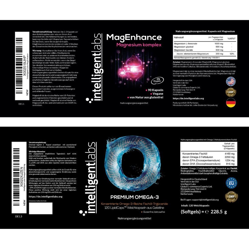 Intelligent Labs 2-in-1 Bundle: MagEnhance Magnesium Komplex (Magtein L-Threonat, Glycinat, Taurat) & Omega-3 Fischöl Triglycerid (2250mg). Premium-Kombination für Gehirn, Herz & tägliche Vitalität.