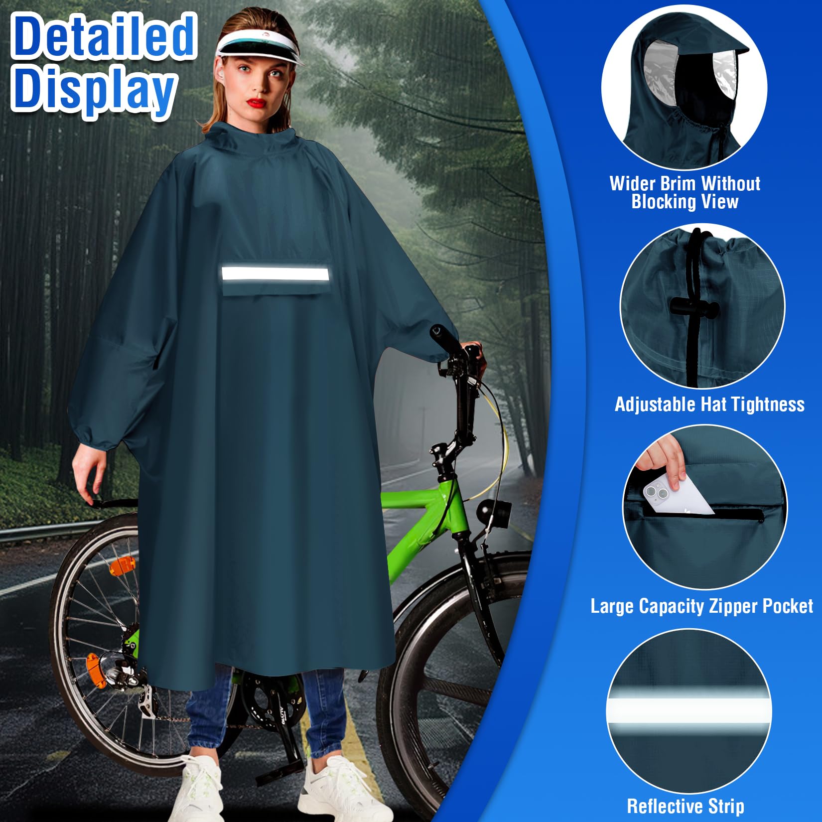 Regenponcho Herren Damen Wasserdichter Regenponcho für Fahrrad Wiederverwendbar Regen Poncho mit Reflektierenden Streifen Leichtes Atmungsaktives Regencape für Radfahren, Wandern, Angeln