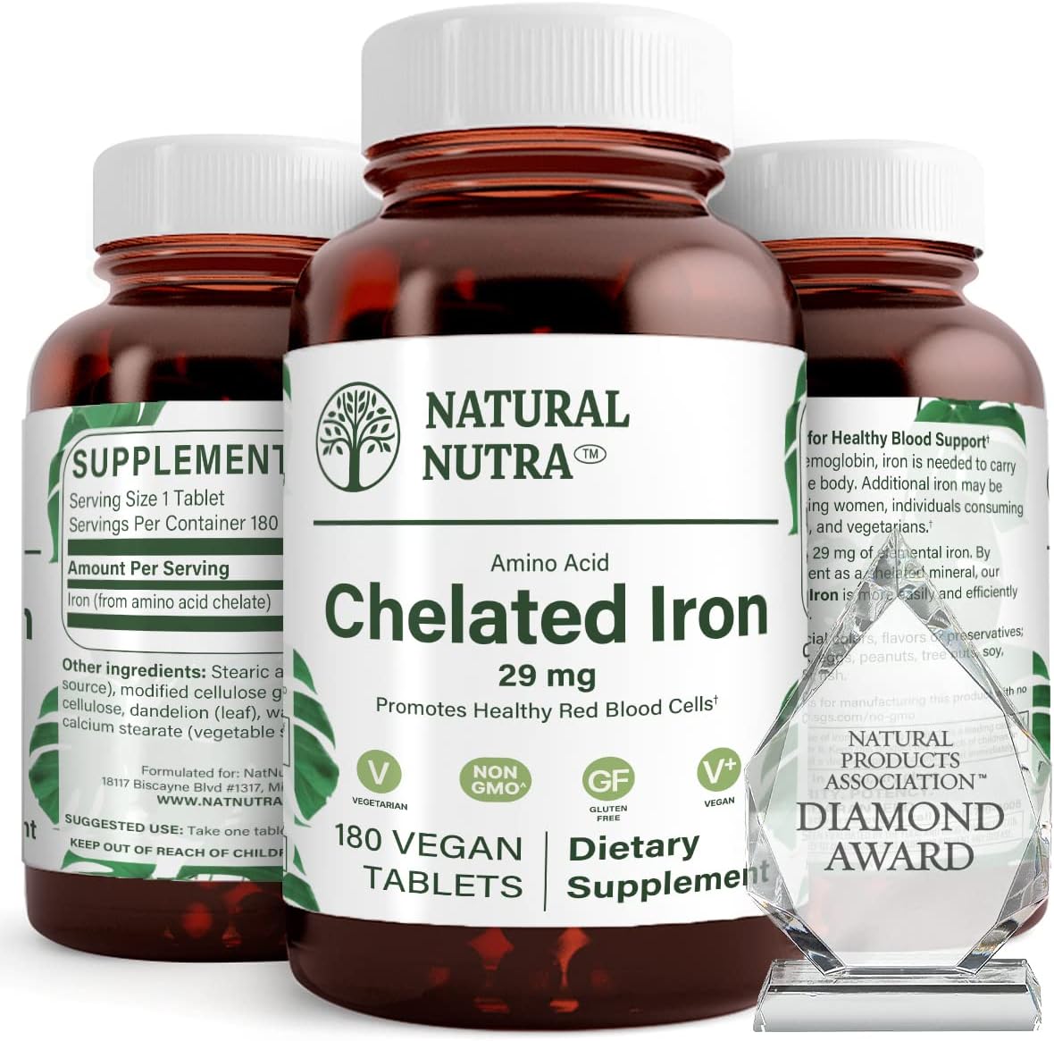 Chelated Iron Supplement for Men & Women, Nails Health, Promotes Optimal Absorption, Helps Enhance Iron Level, Maintain Body Fulid, Help to Improves Hair Growth, Skin Health, 180 Tablets