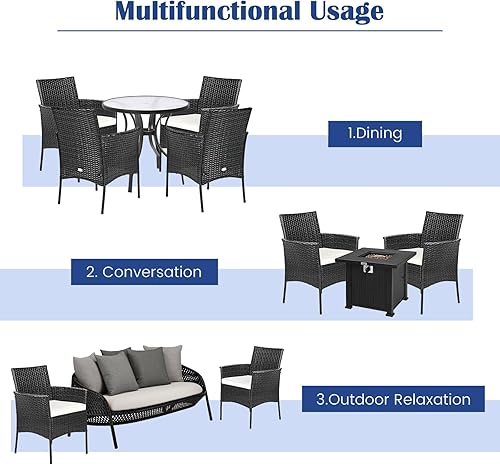 Miniatura 4 de RELAX4LIFE Juego de 2 sillas de mimbre para patio, sillas de ratán de polietileno para interiores y exteriores con respaldo de bastón, cojines de