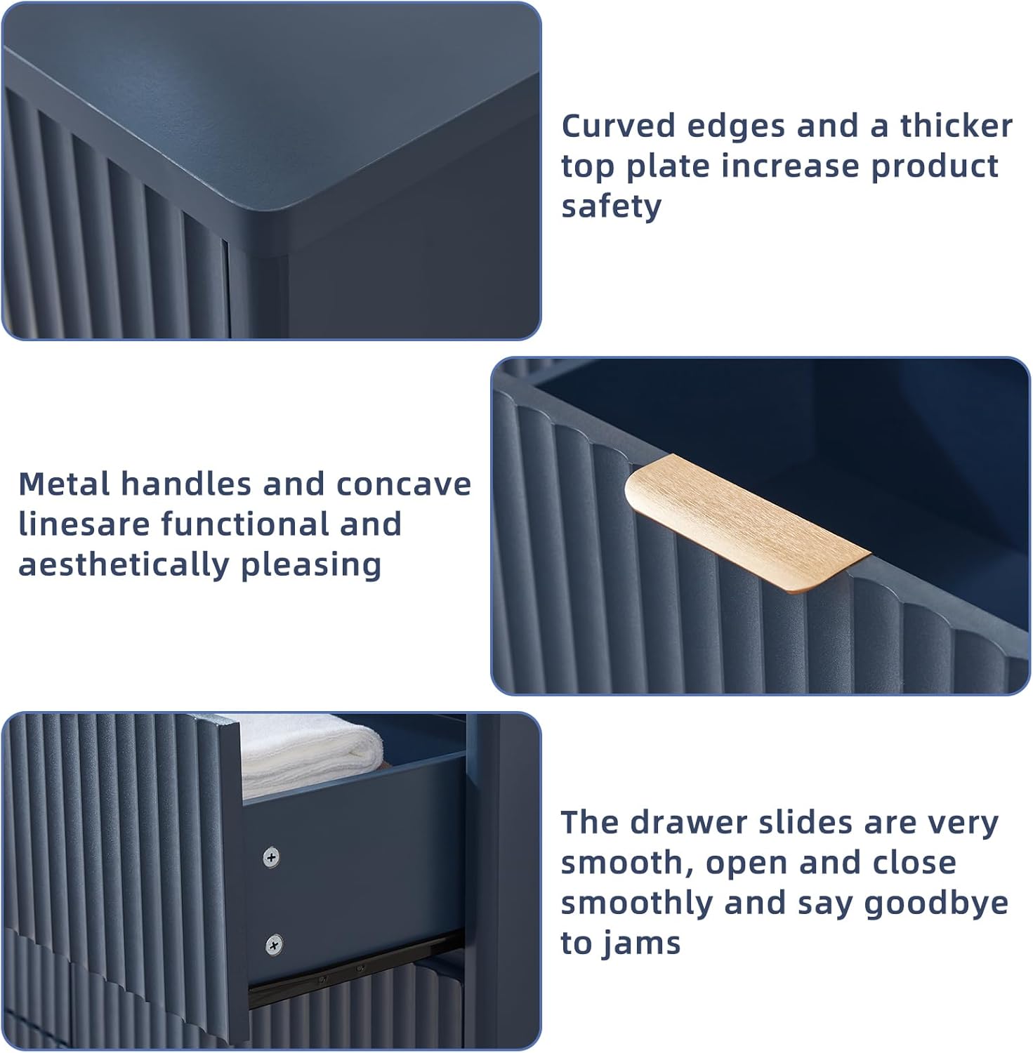 LEYAOYAO Fluted Dresser and 3 Drawers Nightstand Set of 2, Wood 48" Wide Dresser & 23" Night Stand with Charging Station, 3 Piece Bedroom Furniture Set, Chest of Drawers for Home,Living Room,Nave Blue