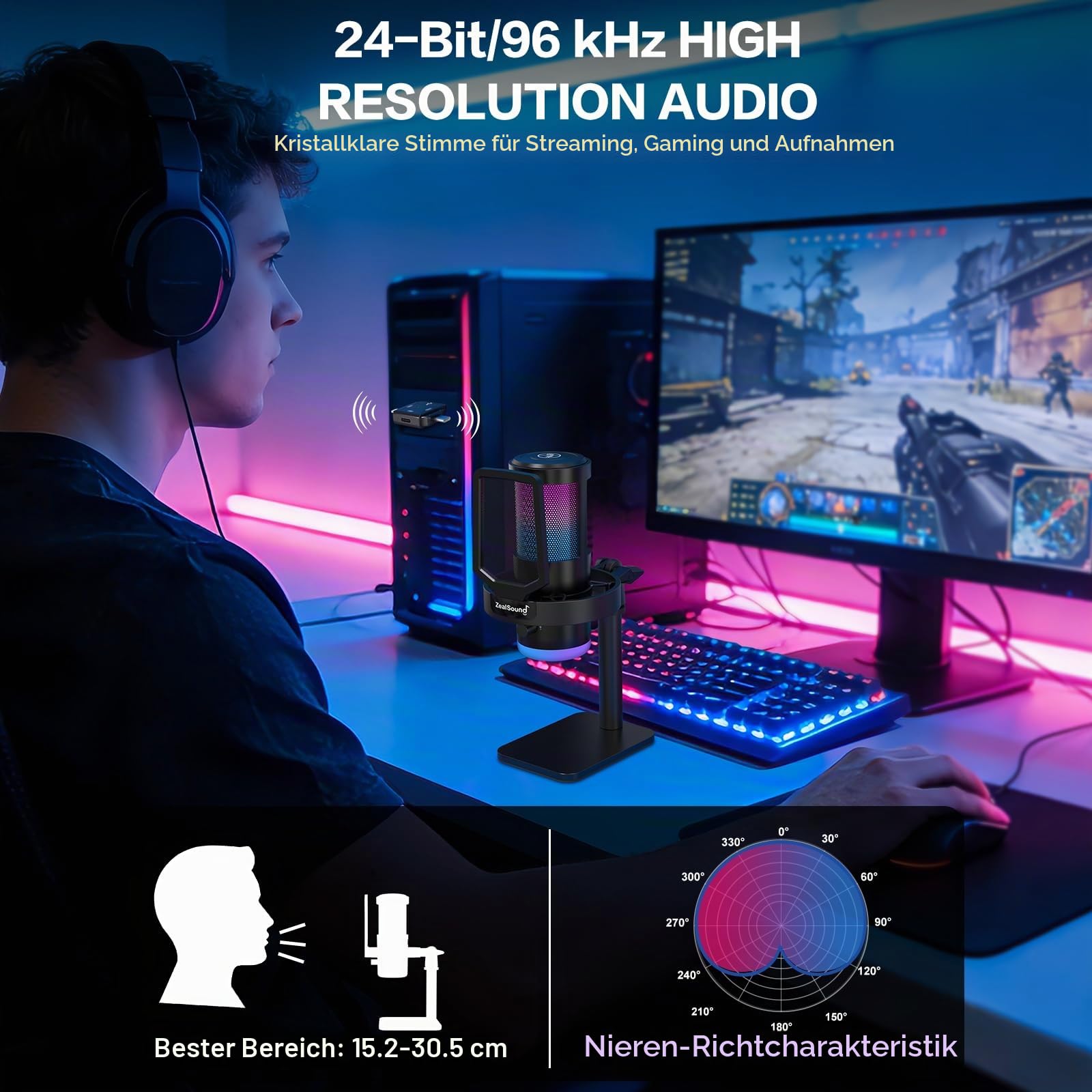 zealsound USB Mikrofon Kabellos, Gaming Mikrofon PC mit Rauschunterdrückung