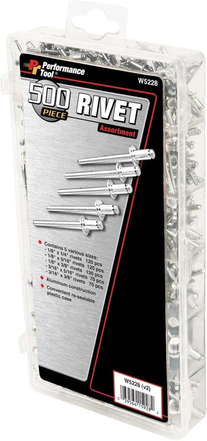 Performance Tool W5228 Aluminum Rivet Assortment Tool Set in a Re-Sealable Plastic Case, Black (500-Piece)